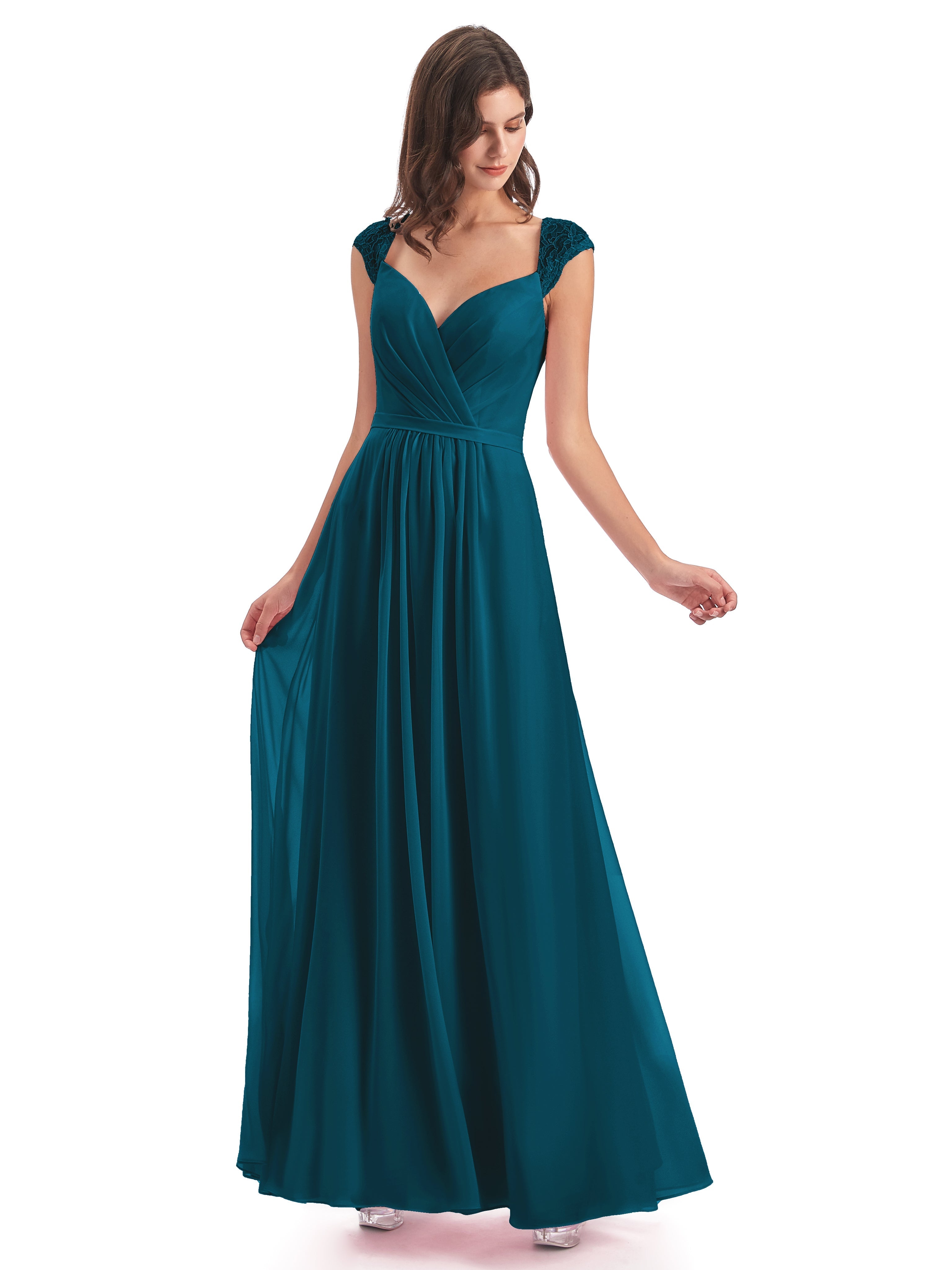 Robe De Demoiselle D'Honneur Bleu Encre Mancherons Dos Ouvert Mousseline Robes Demoiselle D'Honneur