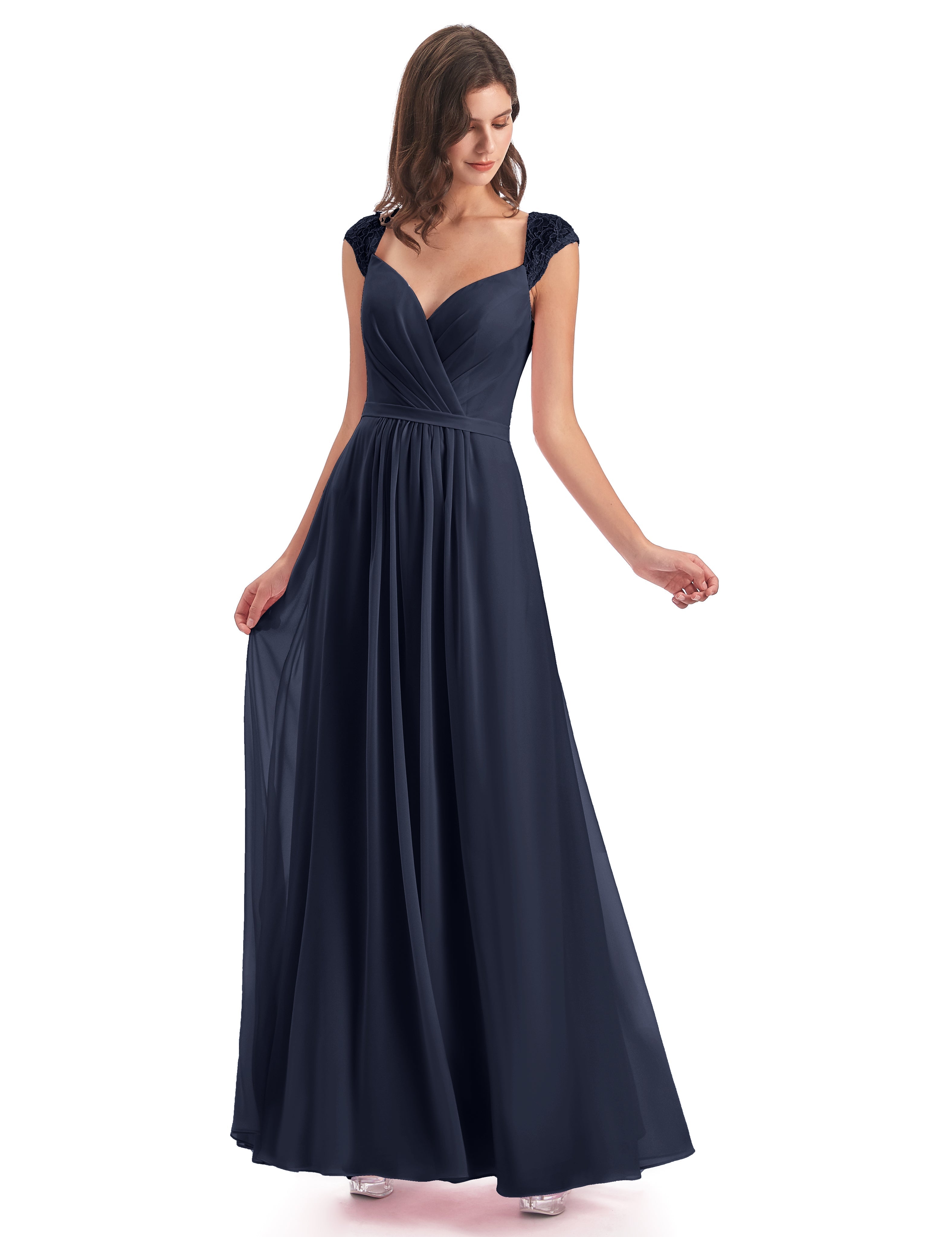 Demoiselle D Honneur Bleu Marine Mancherons Dos Ouvert Mousseline Robes Demoiselle D'Honneur