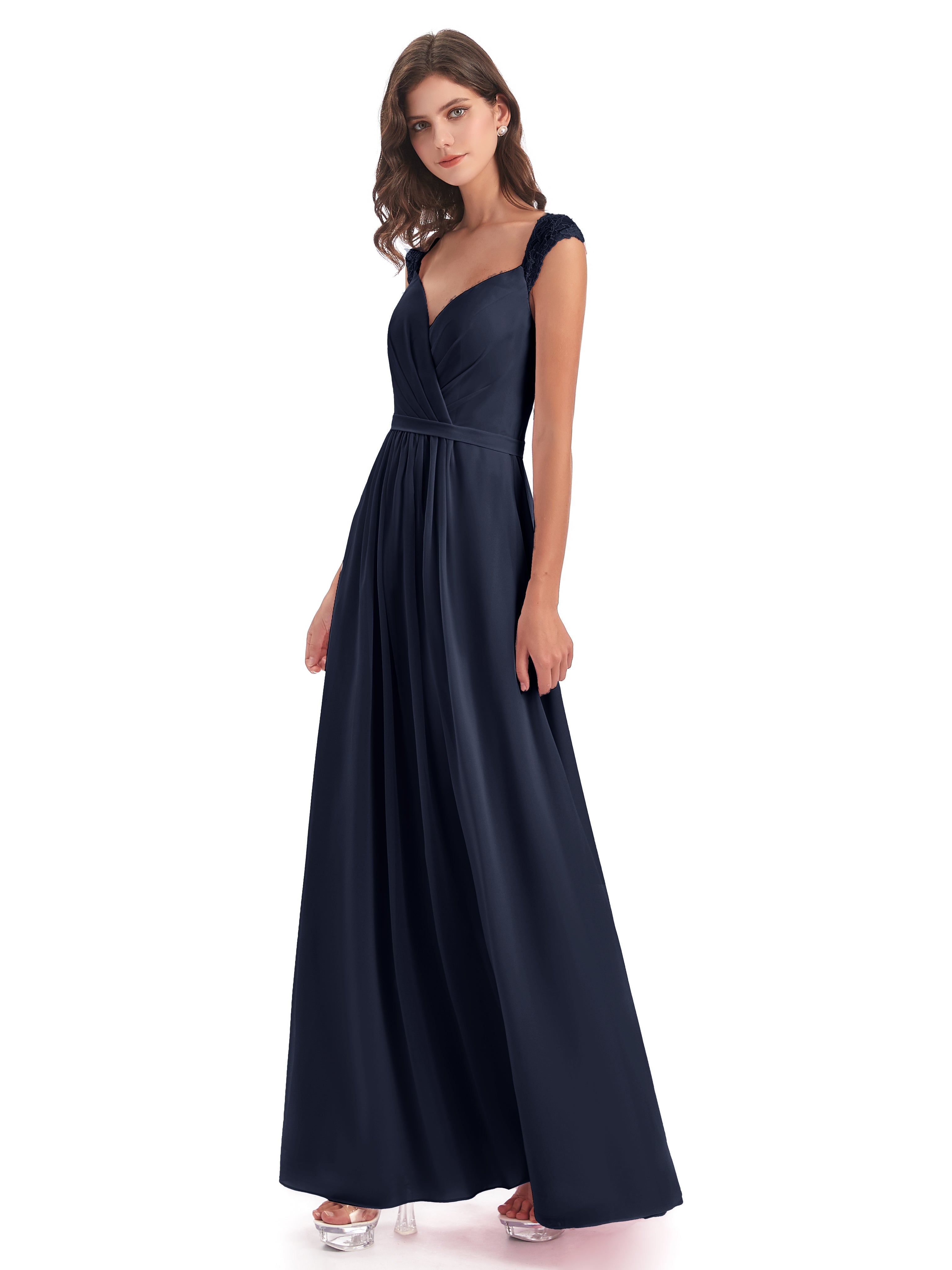 Demoiselle D Honneur Bleu Marine Mancherons Dos Ouvert Mousseline Robes Demoiselle D'Honneur