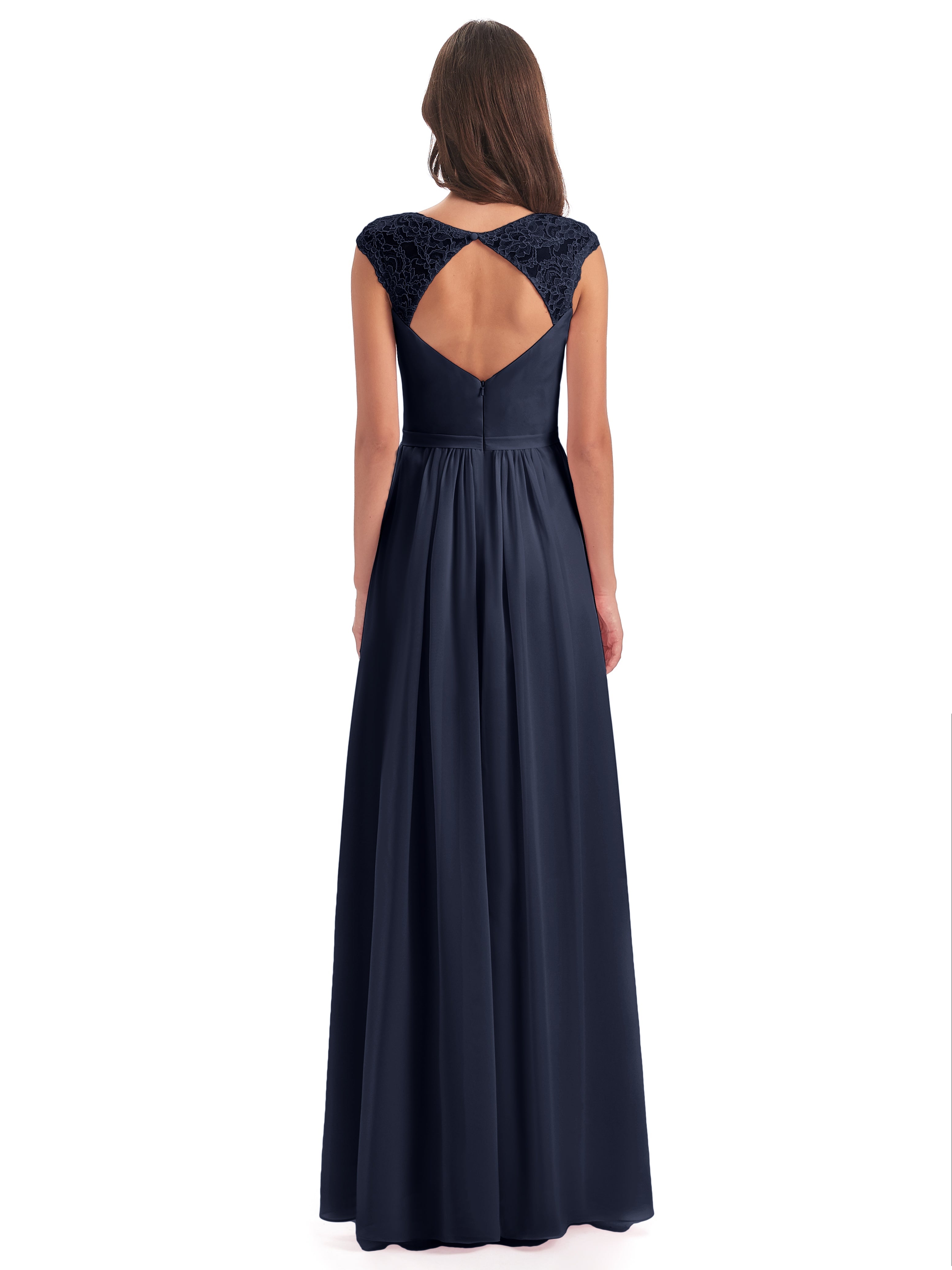 Demoiselle D Honneur Bleu Marine Mancherons Dos Ouvert Mousseline Robes Demoiselle D'Honneur