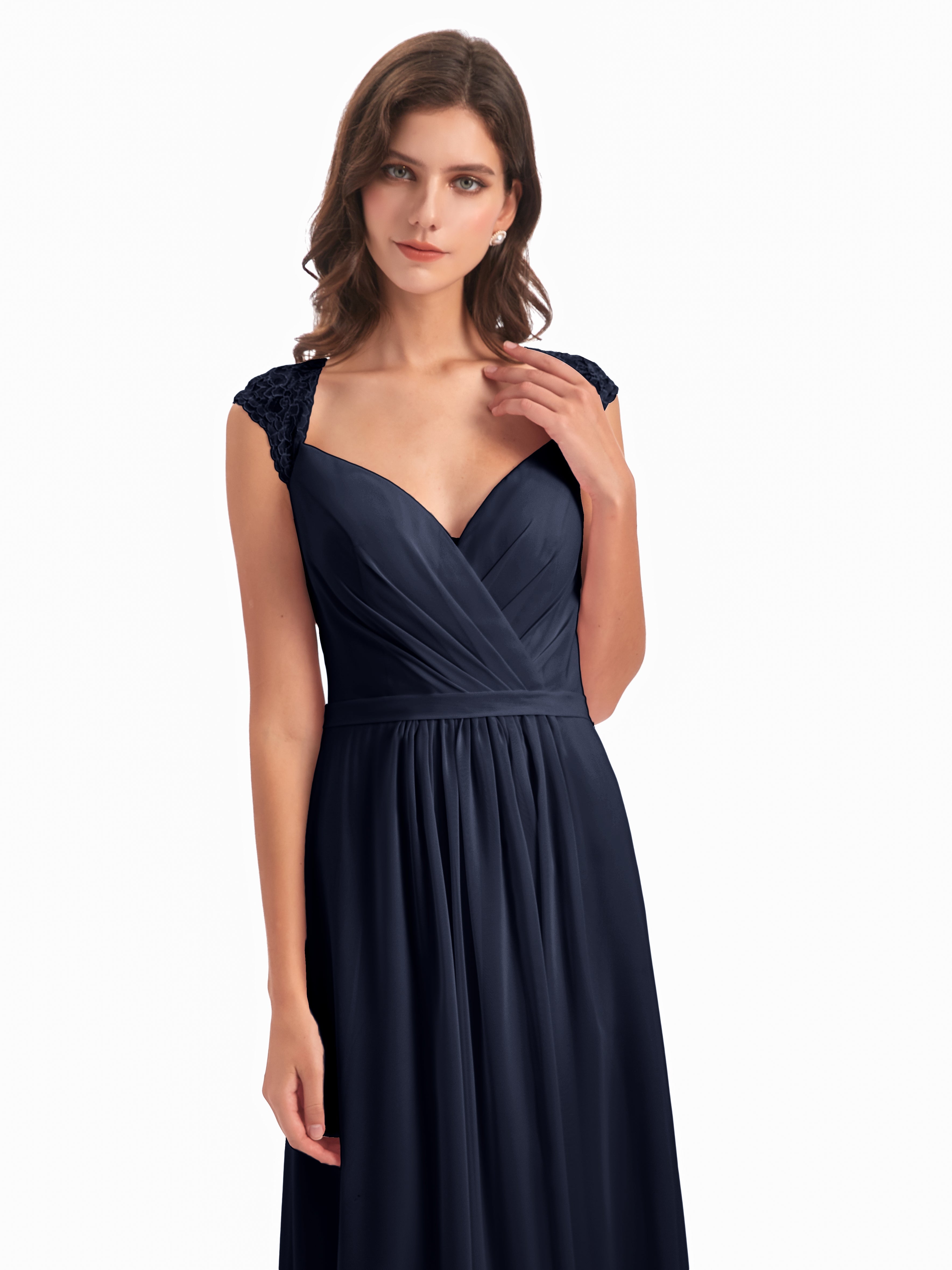 Demoiselle D Honneur Bleu Marine Mancherons Dos Ouvert Mousseline Robes Demoiselle D'Honneur