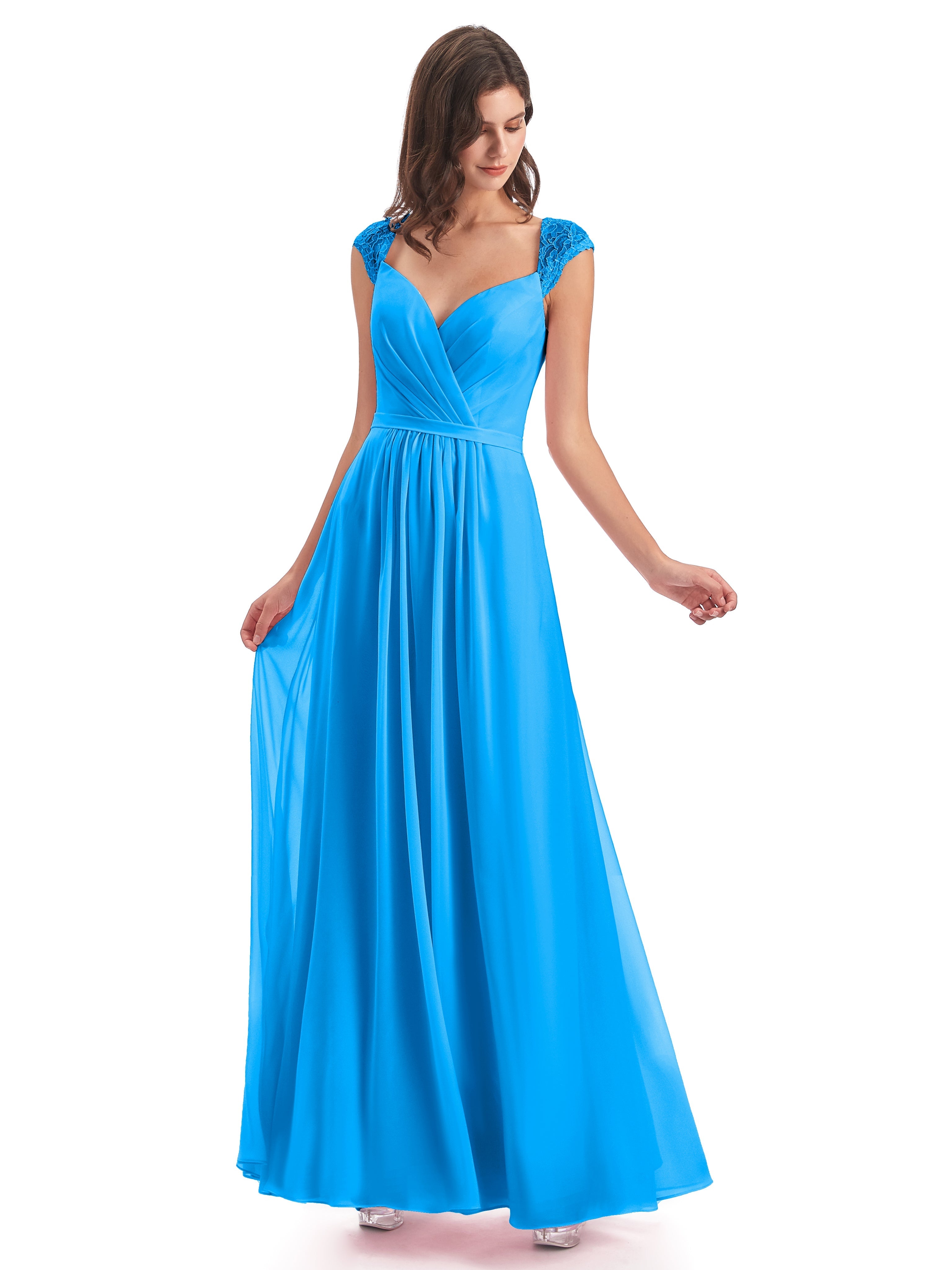 Robes De Demoiselle D'Honneur Bleu Océan Mancherons Dos Ouvert Mousseline Robes Demoiselle D'Honneur