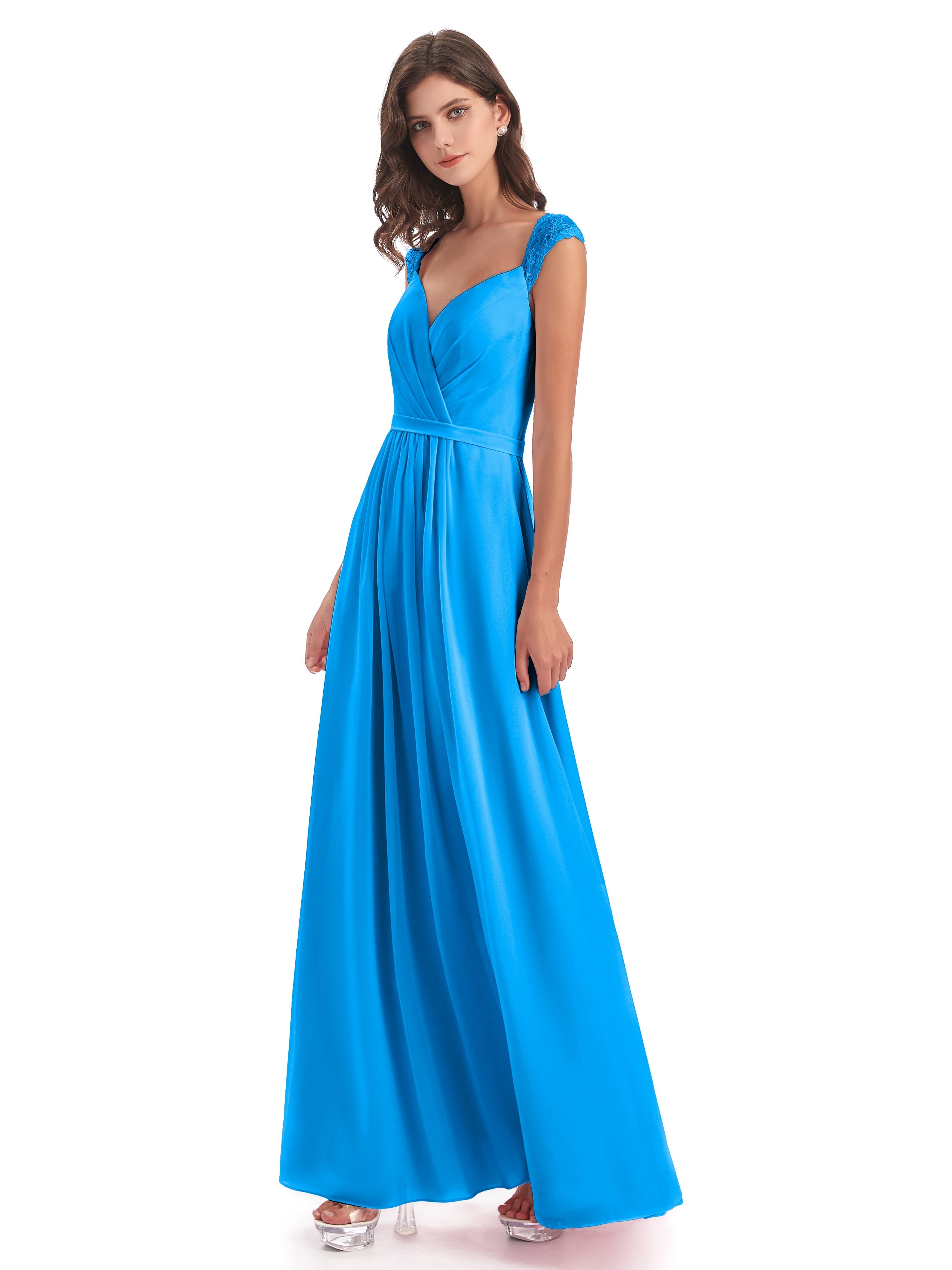 Robes De Demoiselle D'Honneur Bleu Océan Mancherons Dos Ouvert Mousseline Robes Demoiselle D'Honneur