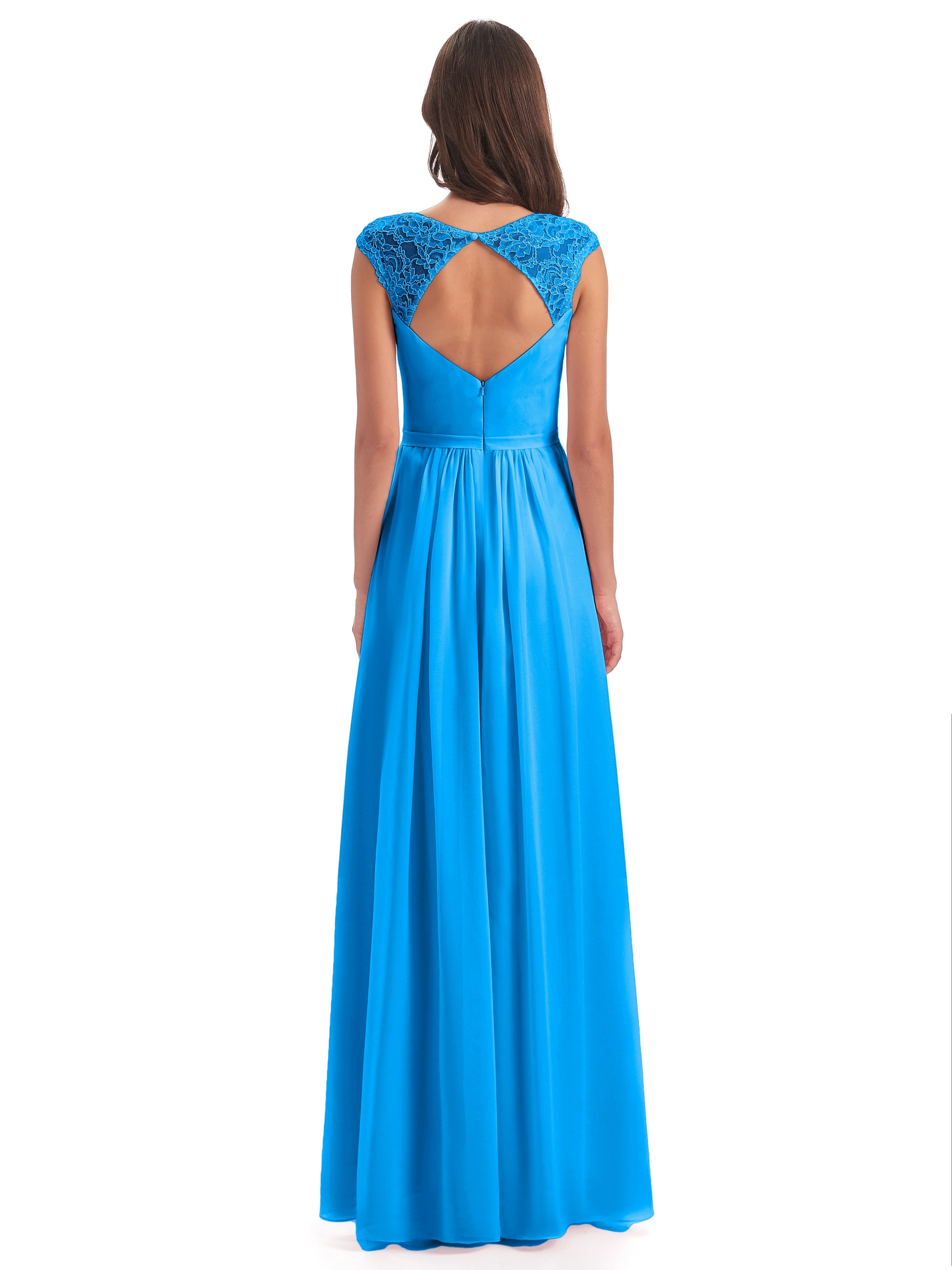 Robes De Demoiselle D'Honneur Bleu Océan Mancherons Dos Ouvert Mousseline Robes Demoiselle D'Honneur
