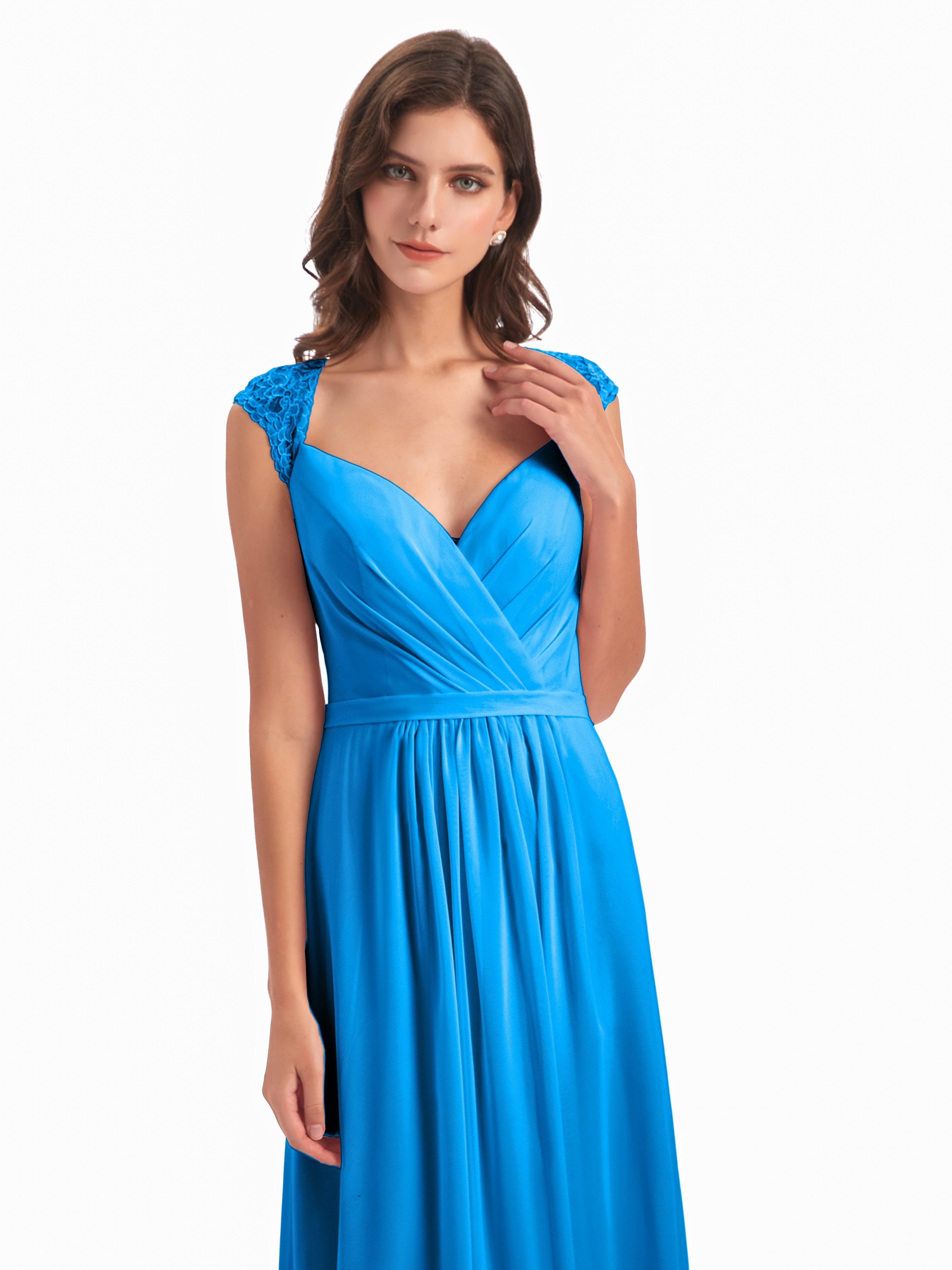 Robes De Demoiselle D'Honneur Bleu Océan Mancherons Dos Ouvert Mousseline Robes Demoiselle D'Honneur