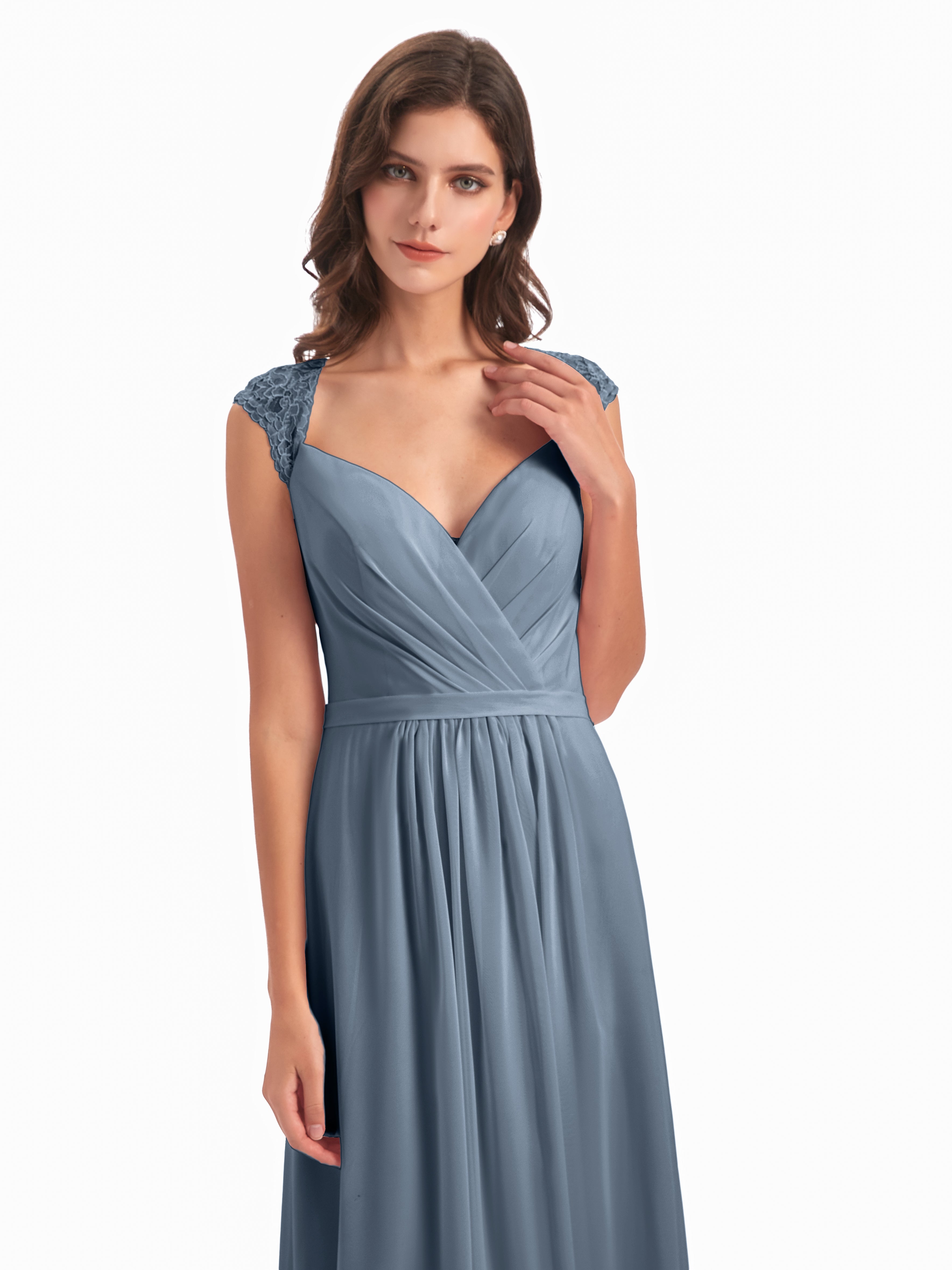 Robes De Demoiselle D'Honneur Bleu Poudre Mancherons Dos Ouvert Mousseline Robes Demoiselle D'Honneur