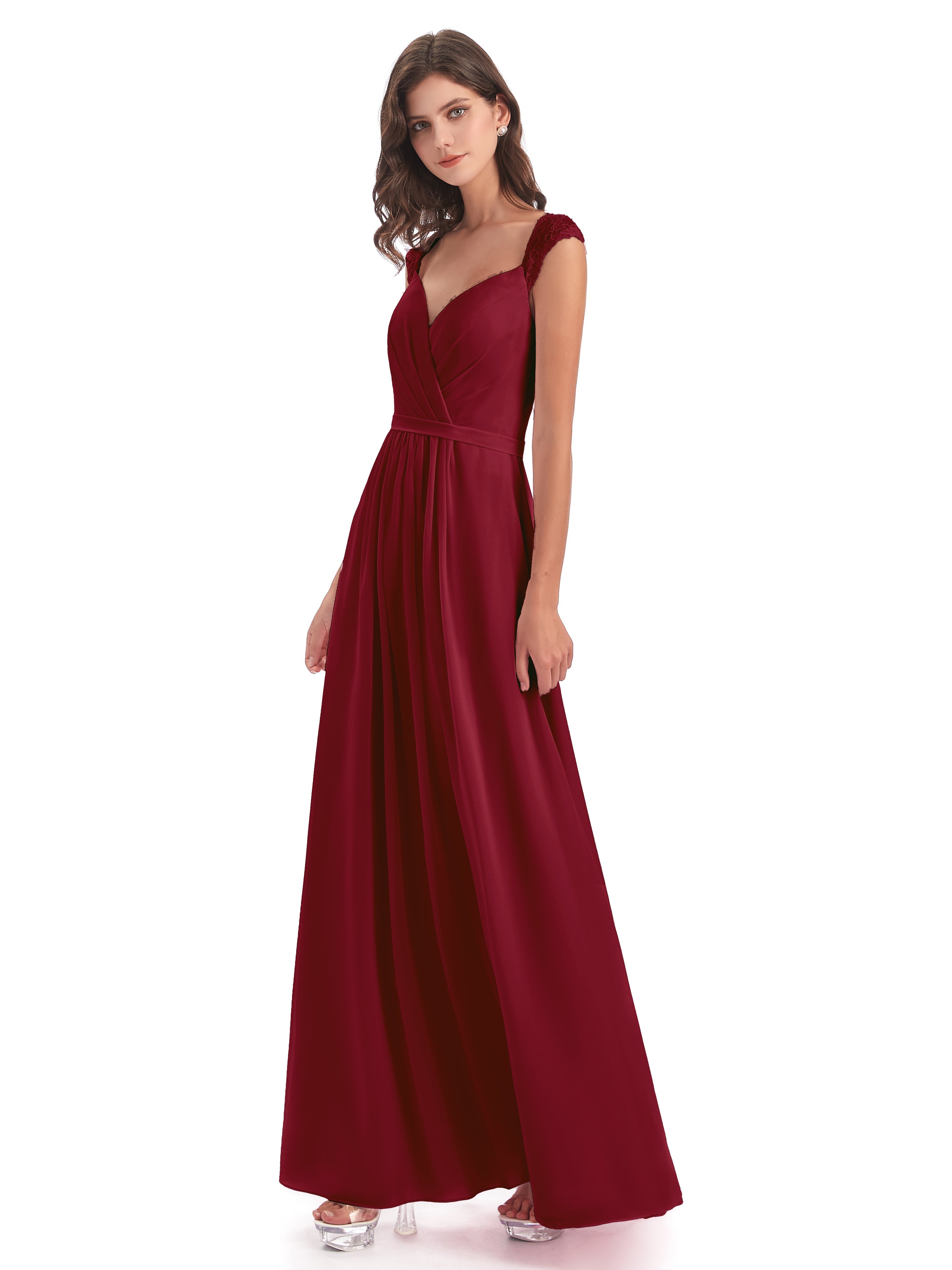 Long Robe Demoiselle D Honneur Bordeaux Mancherons Dos Ouvert Mousseline Robes Demoiselle D'Honneur