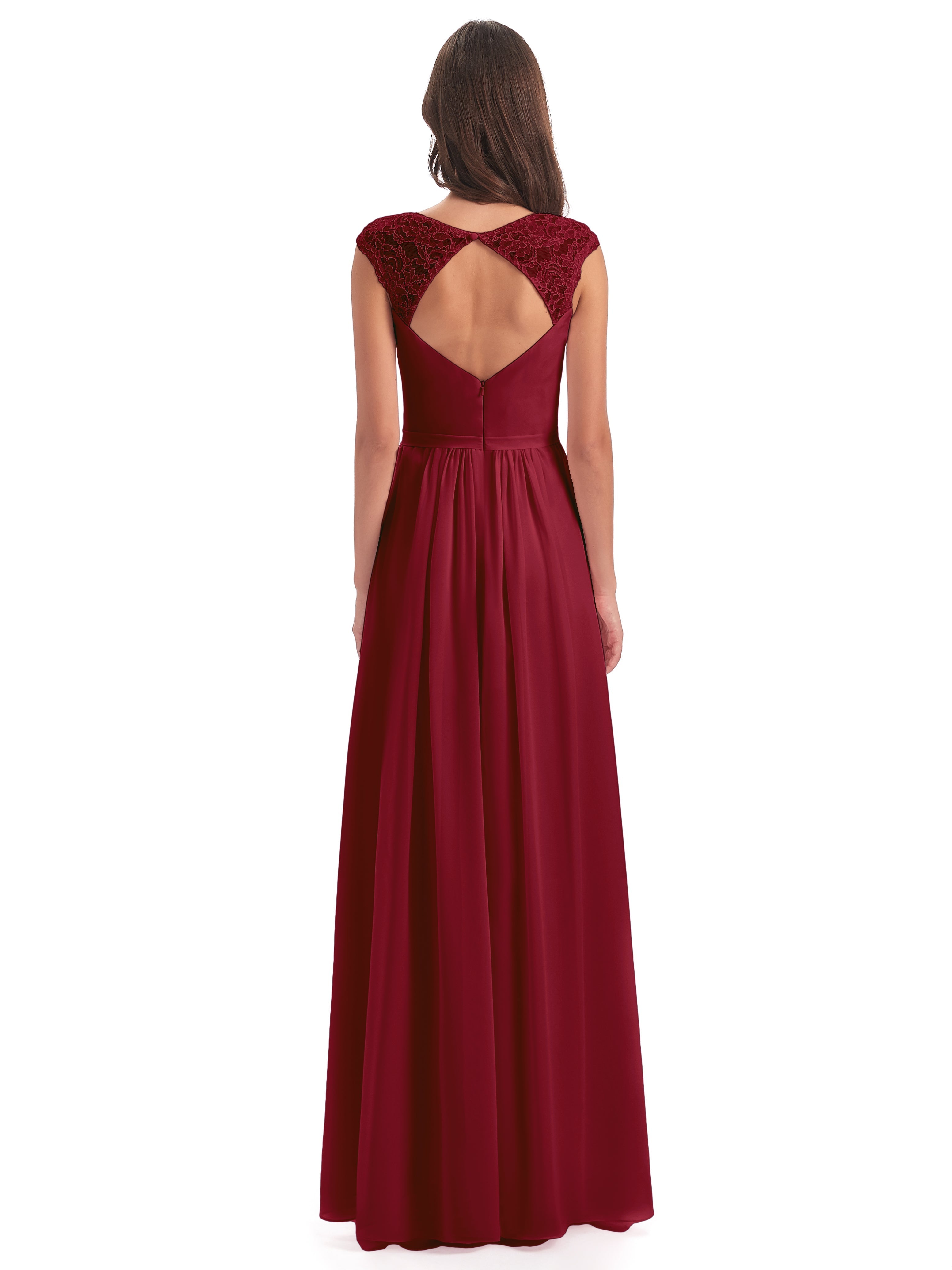 Long Robe Demoiselle D Honneur Bordeaux Mancherons Dos Ouvert Mousseline Robes Demoiselle D'Honneur