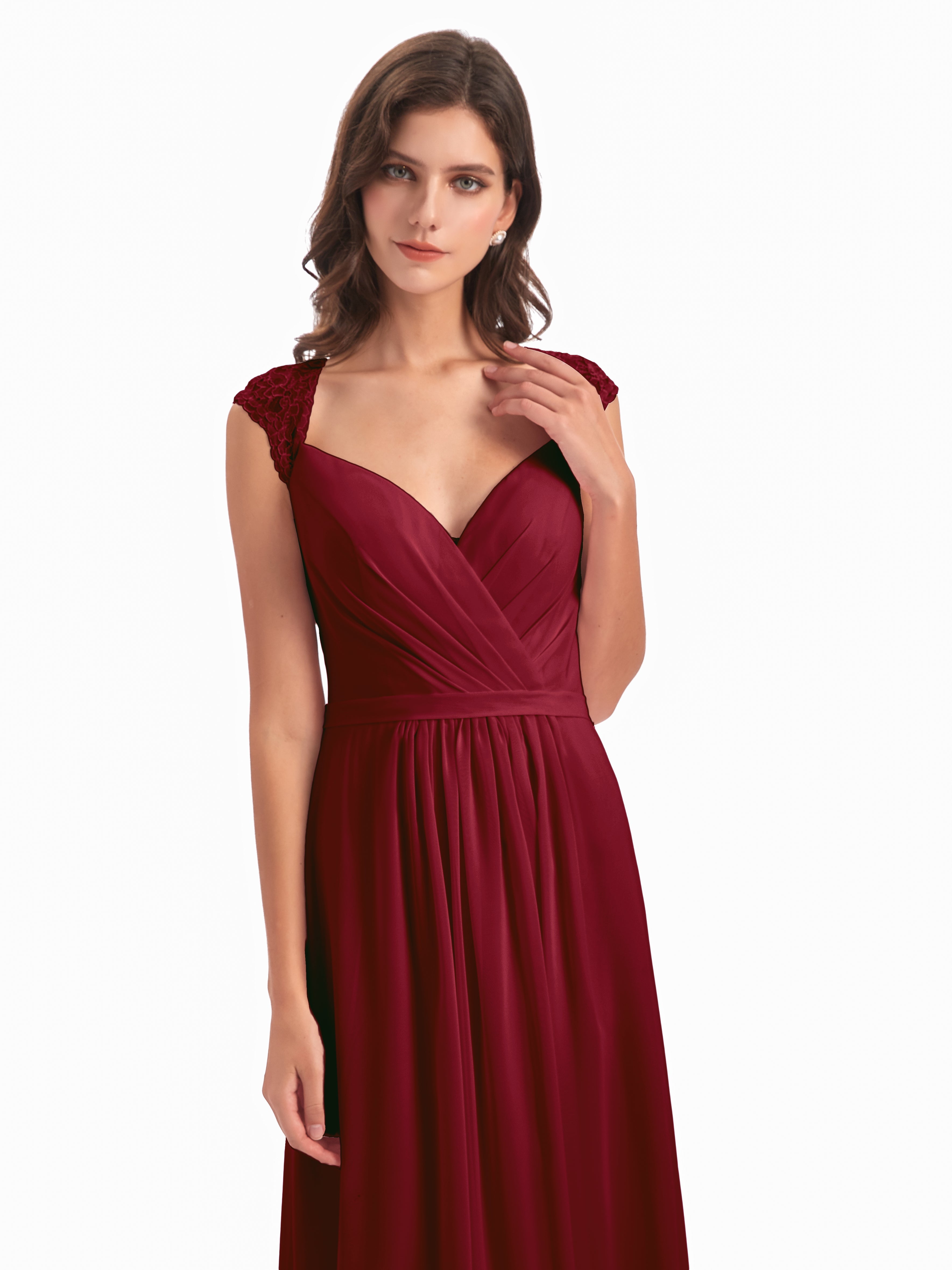 Long Robe Demoiselle D Honneur Bordeaux Mancherons Dos Ouvert Mousseline Robes Demoiselle D'Honneur