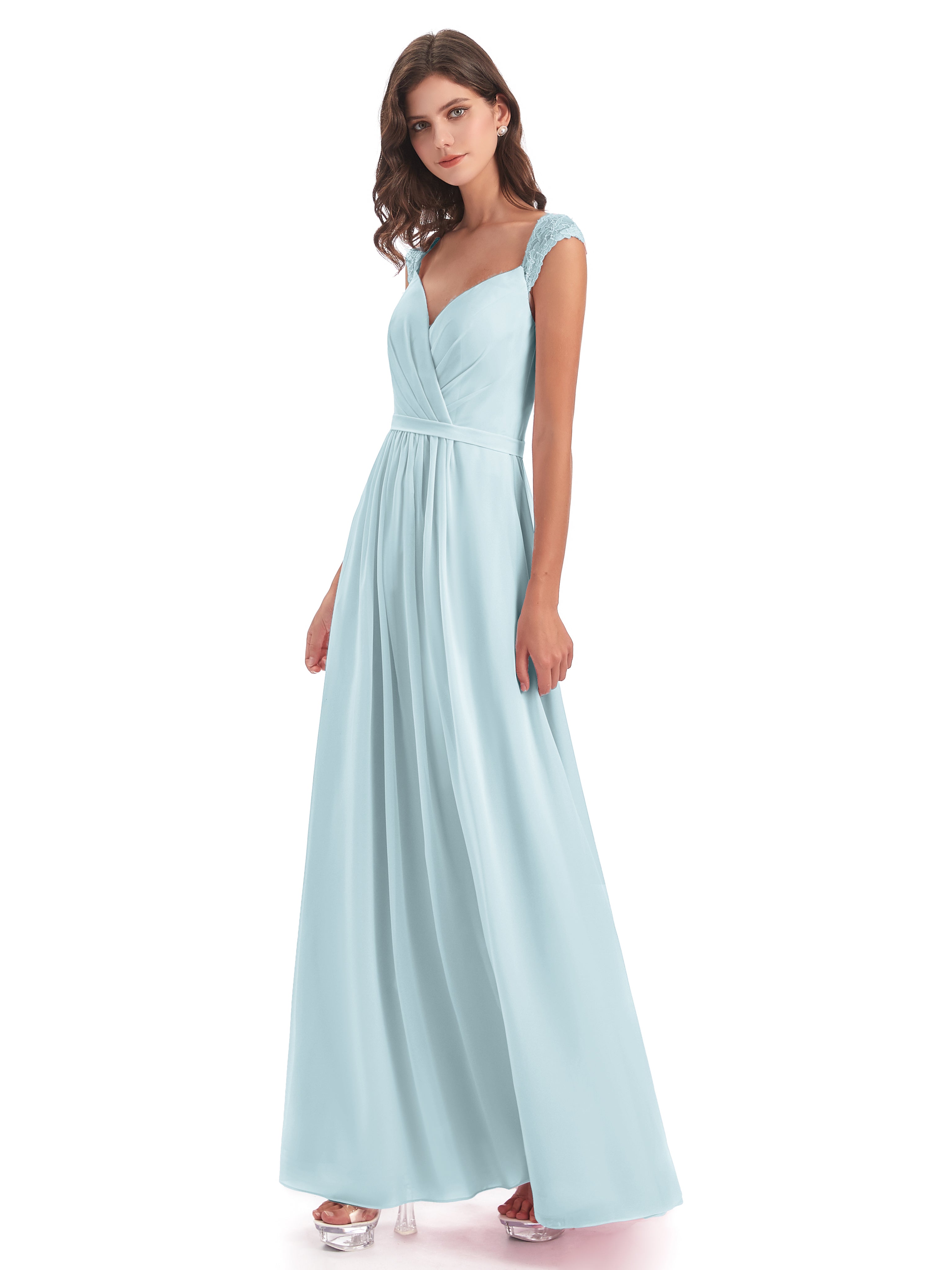 Robe De Demoiselle D'Honneur Brume Mancherons Dos Ouvert Mousseline Robes Demoiselle D'Honneur
