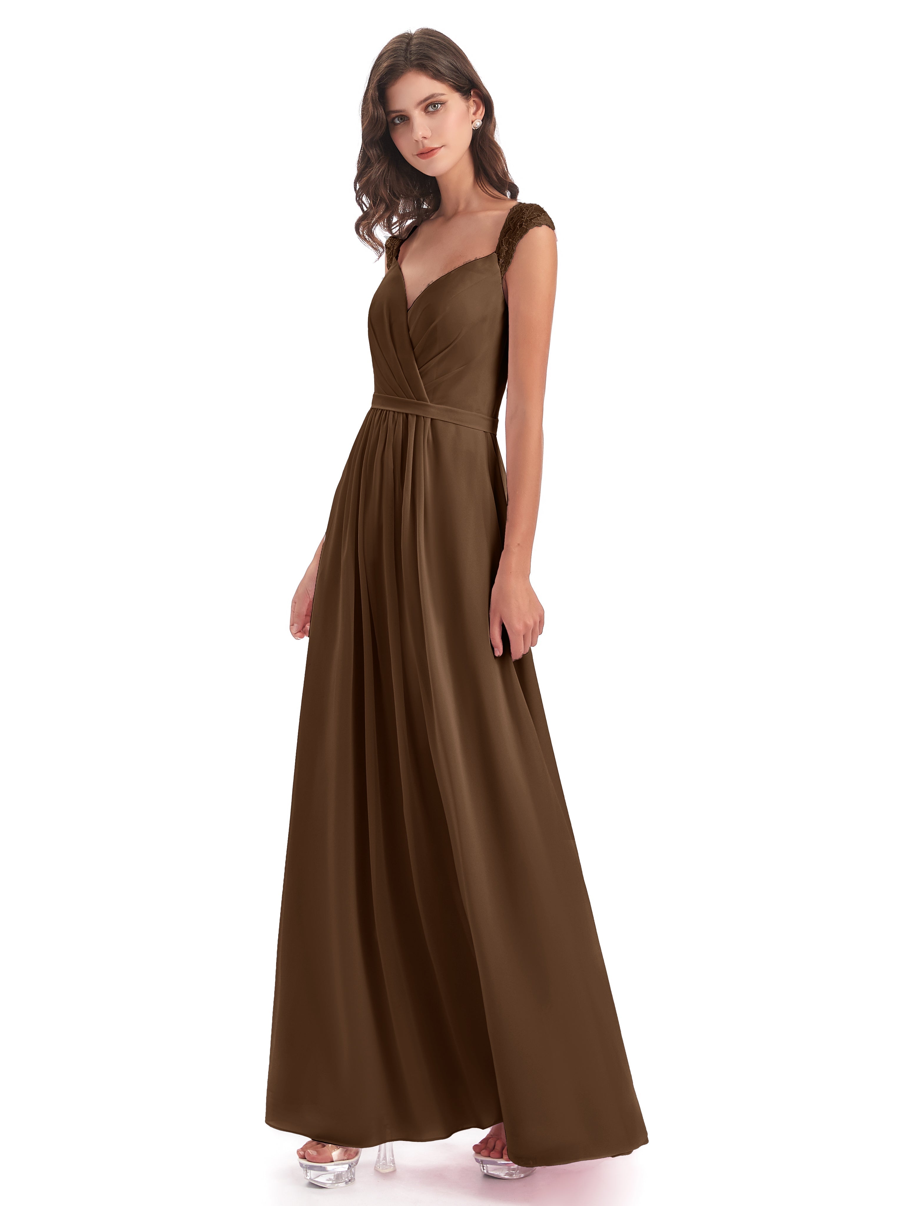 Robes De Demoiselle D'Honneur Brun Mancherons Dos Ouvert Mousseline Robes Demoiselle D'Honneur