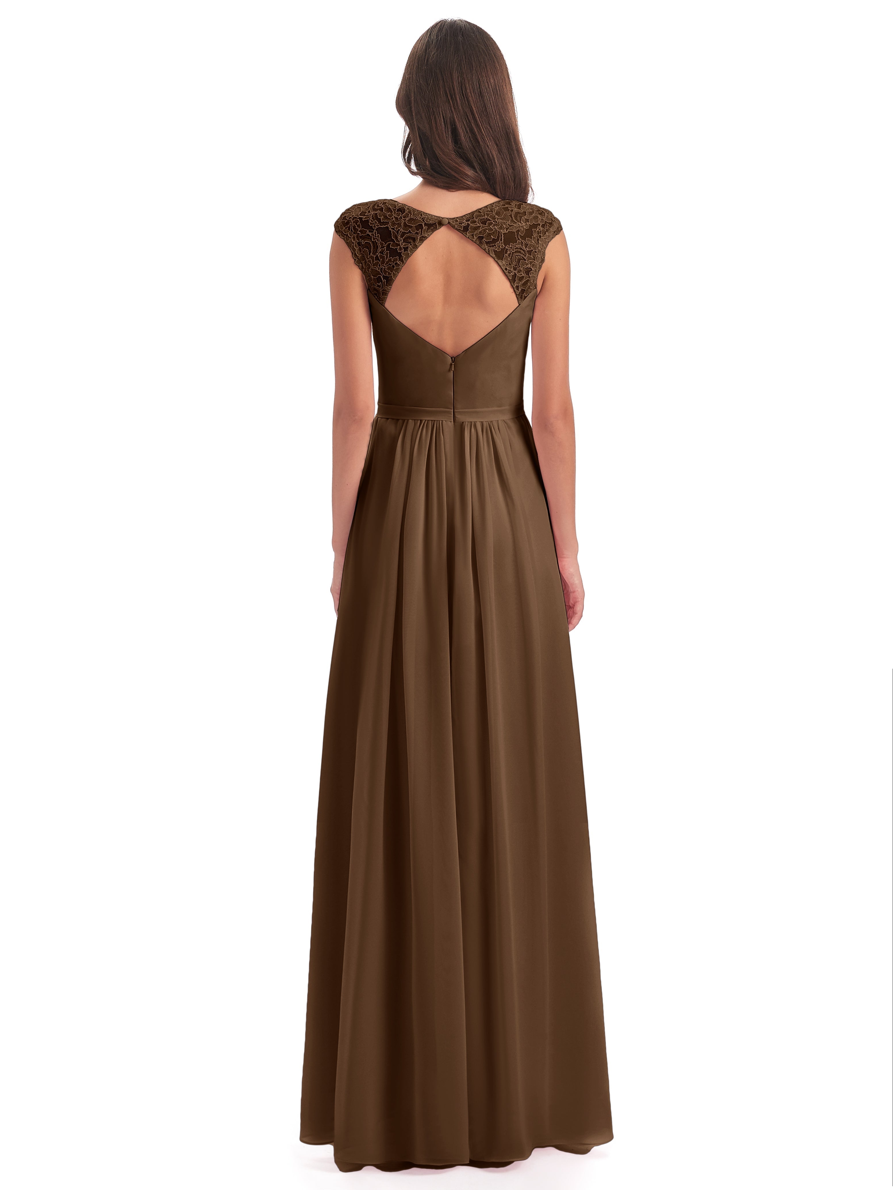 Robes De Demoiselle D'Honneur Brun Mancherons Dos Ouvert Mousseline Robes Demoiselle D'Honneur