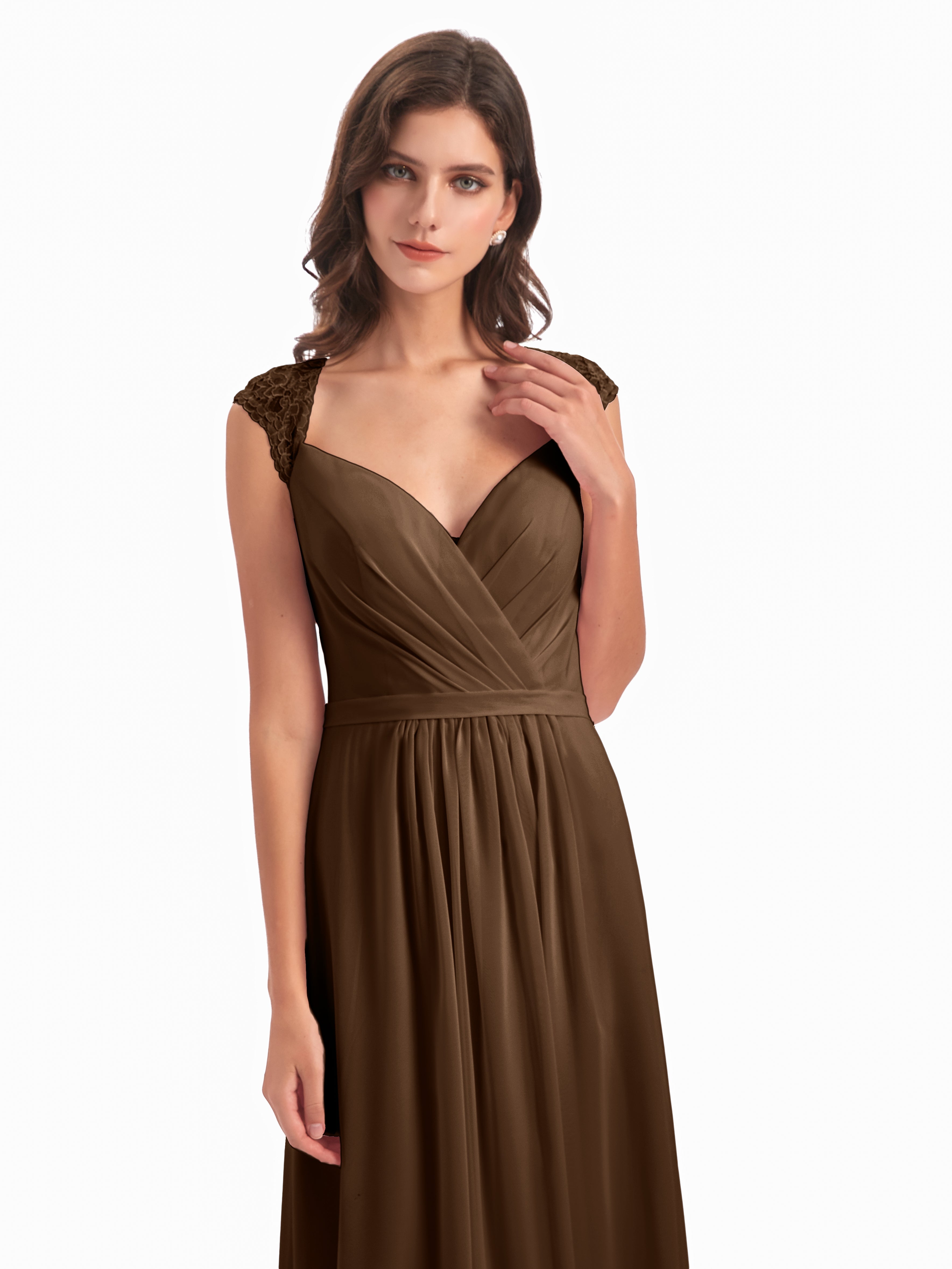 Robes De Demoiselle D'Honneur Brun Mancherons Dos Ouvert Mousseline Robes Demoiselle D'Honneur