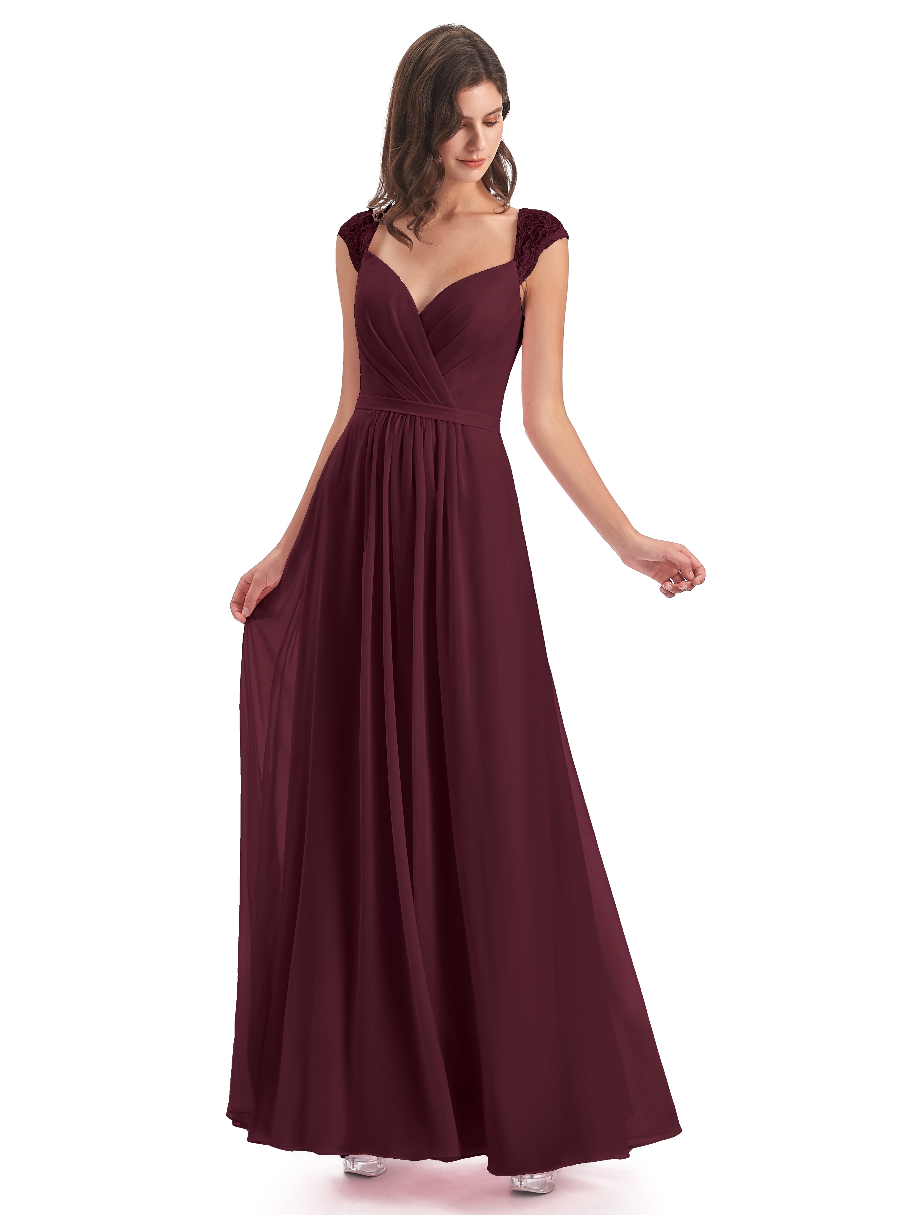 Robes De Demoiselle D'Honneur Cabernet Mancherons Dos Ouvert Mousseline Robes Demoiselle D'Honneur