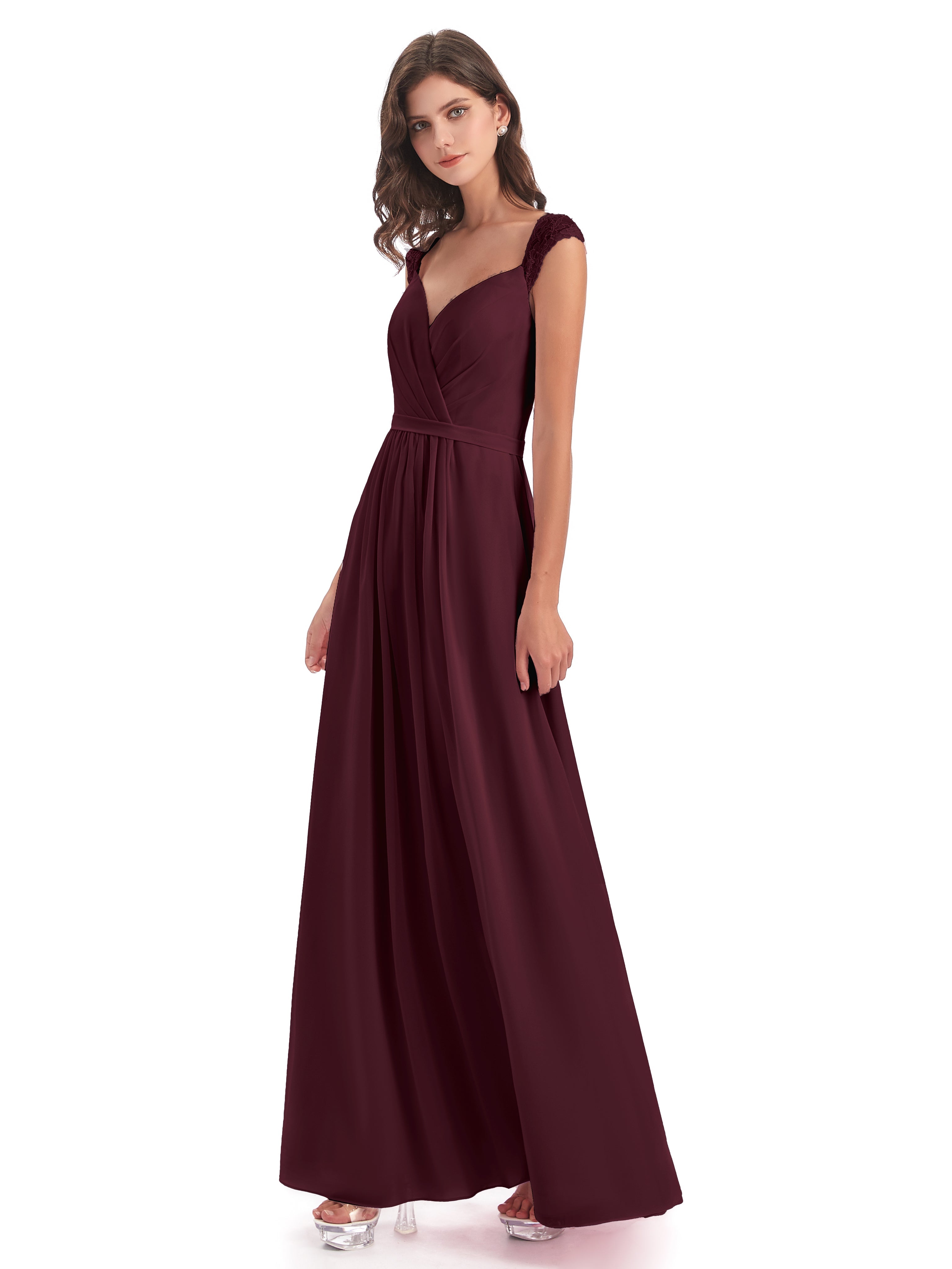 Robes De Demoiselle D'Honneur Cabernet Mancherons Dos Ouvert Mousseline Robes Demoiselle D'Honneur
