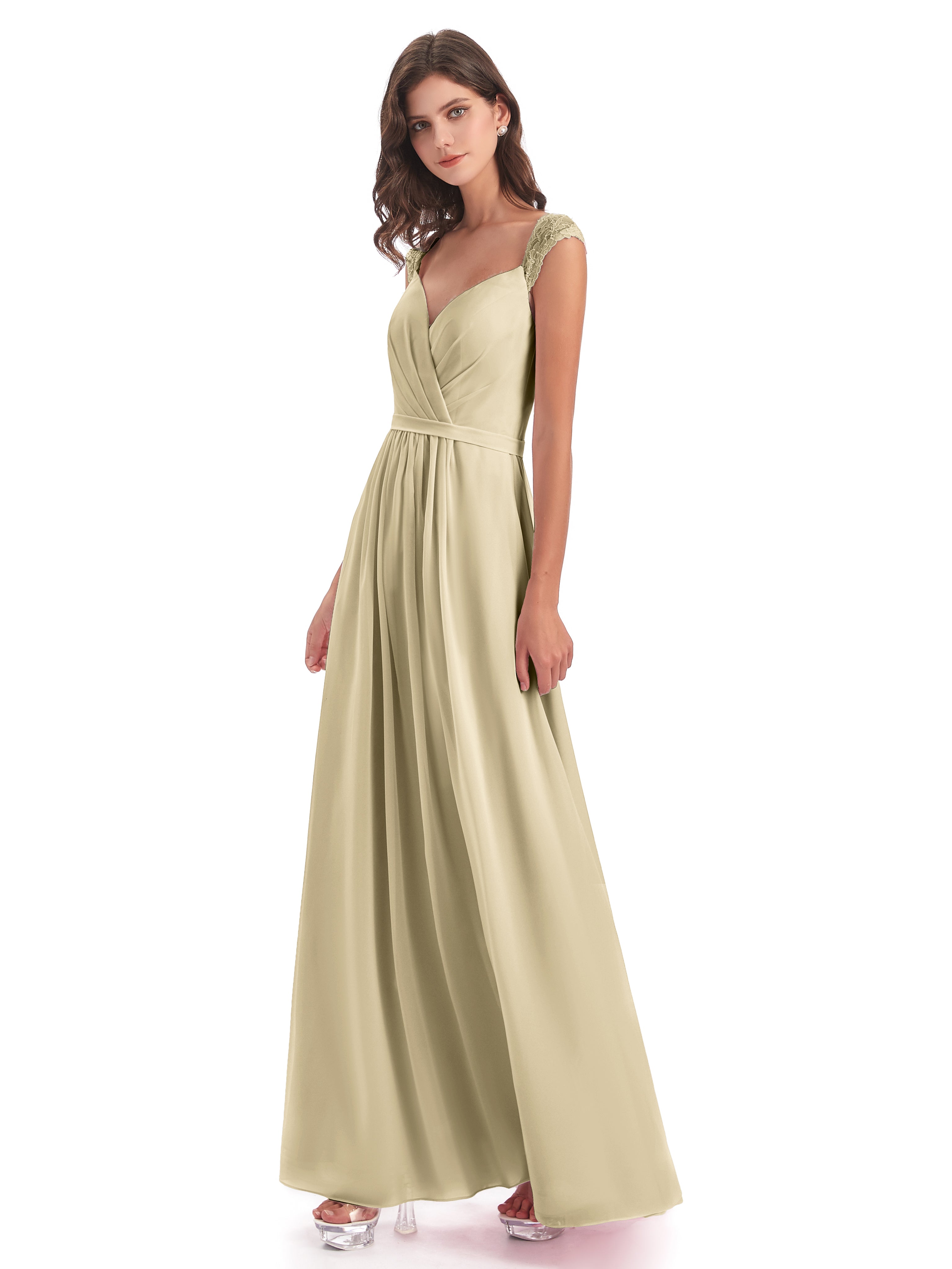 Robes De Demoiselle D Honneur Champagne Mancherons Dos Ouvert Mousseline Robes Demoiselle D'Honneur