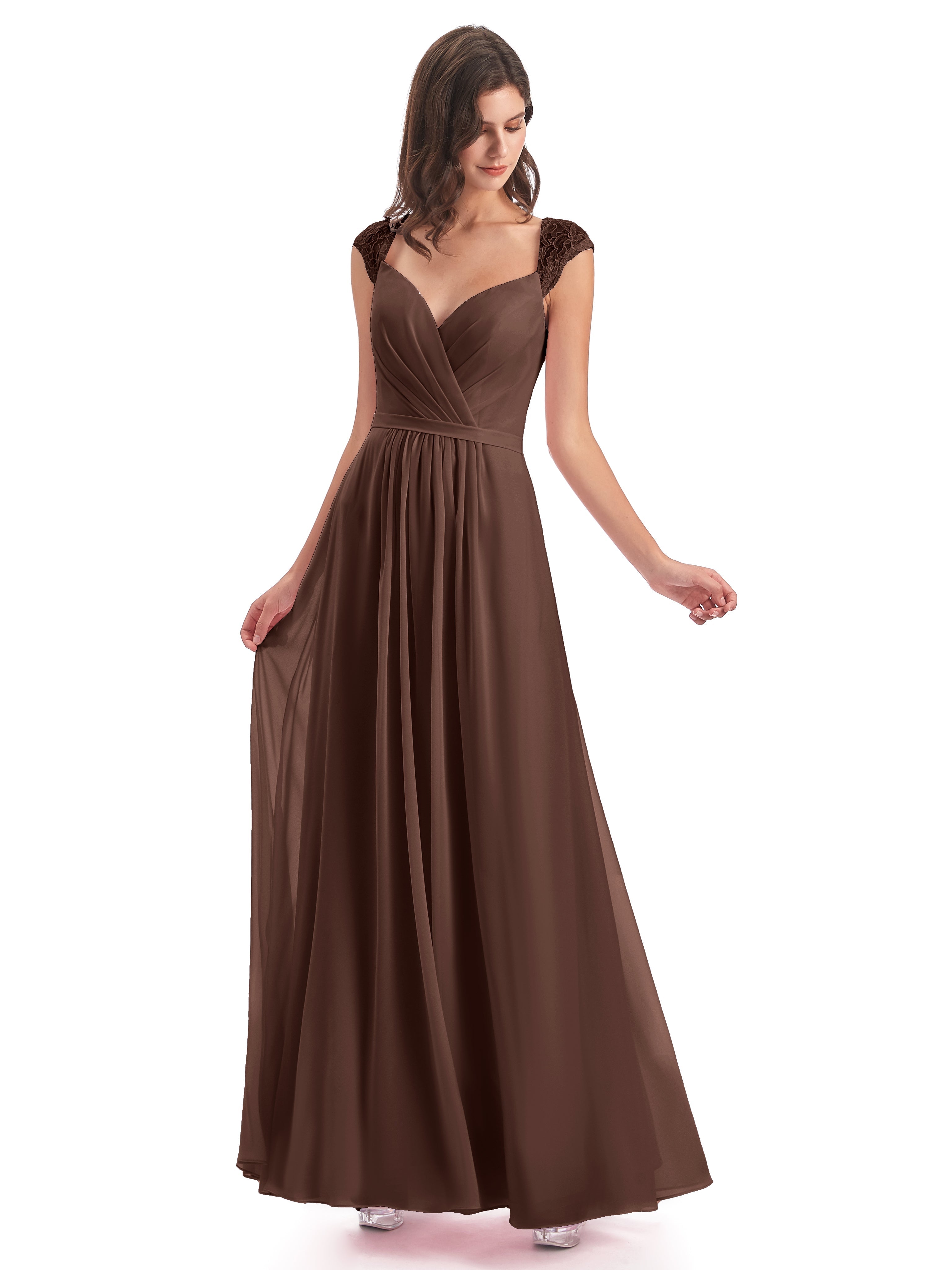Robe Demoiselle D Honneur Marron Chocolat Mancherons Dos Ouvert Mousseline Robes Demoiselle D'Honneur