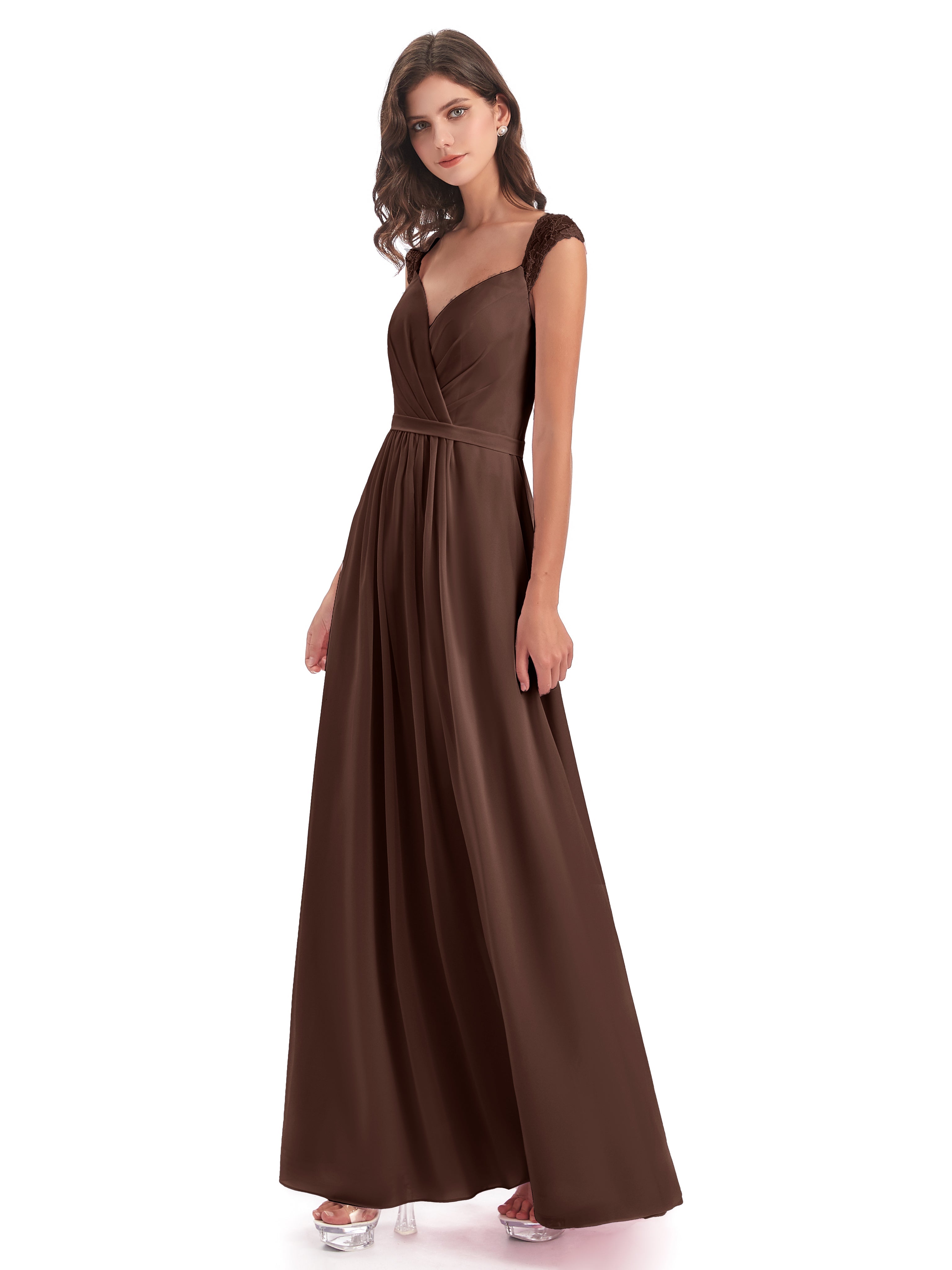 Robe Demoiselle D Honneur Marron Chocolat Mancherons Dos Ouvert Mousseline Robes Demoiselle D'Honneur