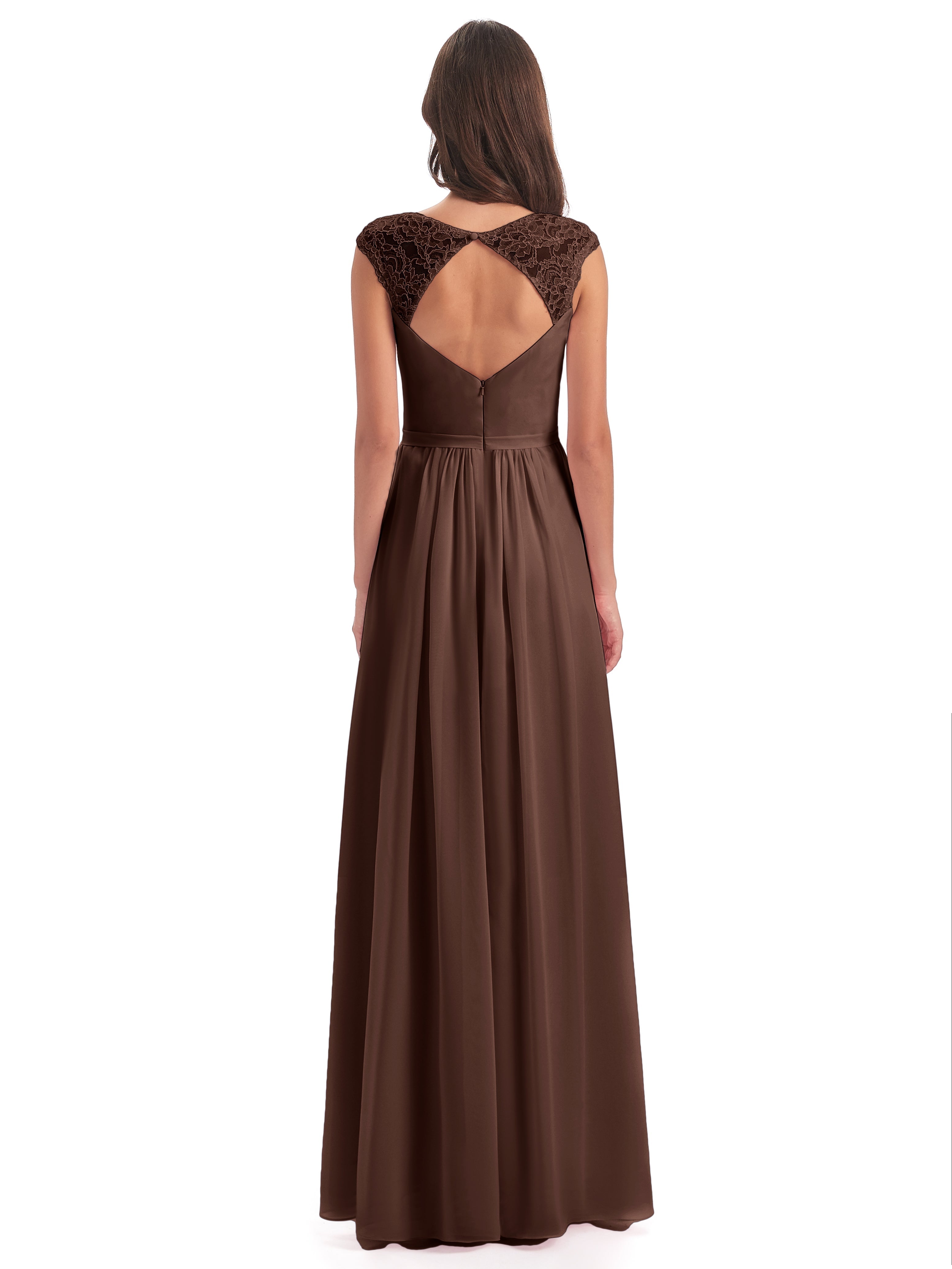 Robe Demoiselle D Honneur Marron Chocolat Mancherons Dos Ouvert Mousseline Robes Demoiselle D'Honneur