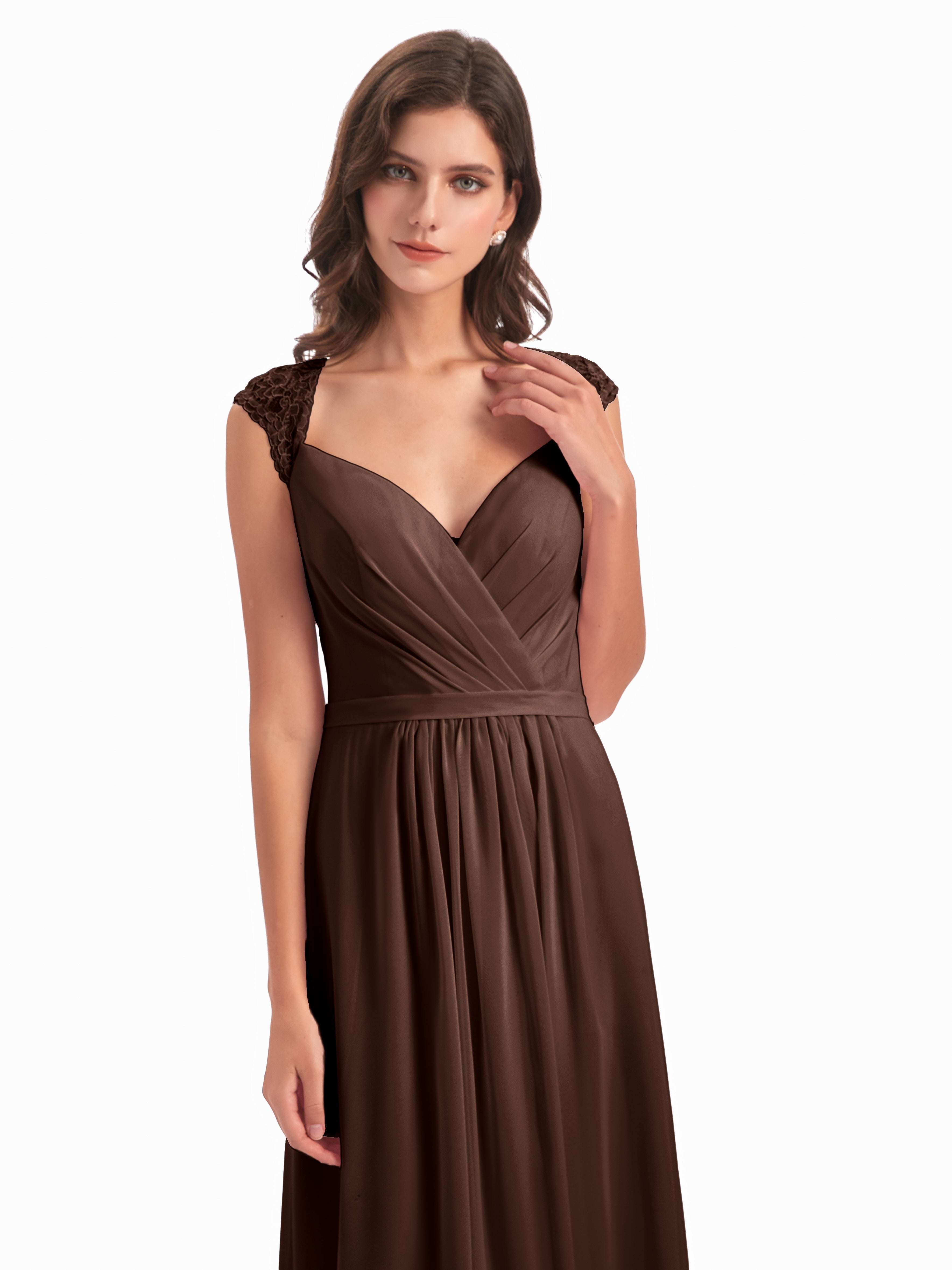 Robe Demoiselle D Honneur Marron Chocolat Mancherons Dos Ouvert Mousseline Robes Demoiselle D'Honneur
