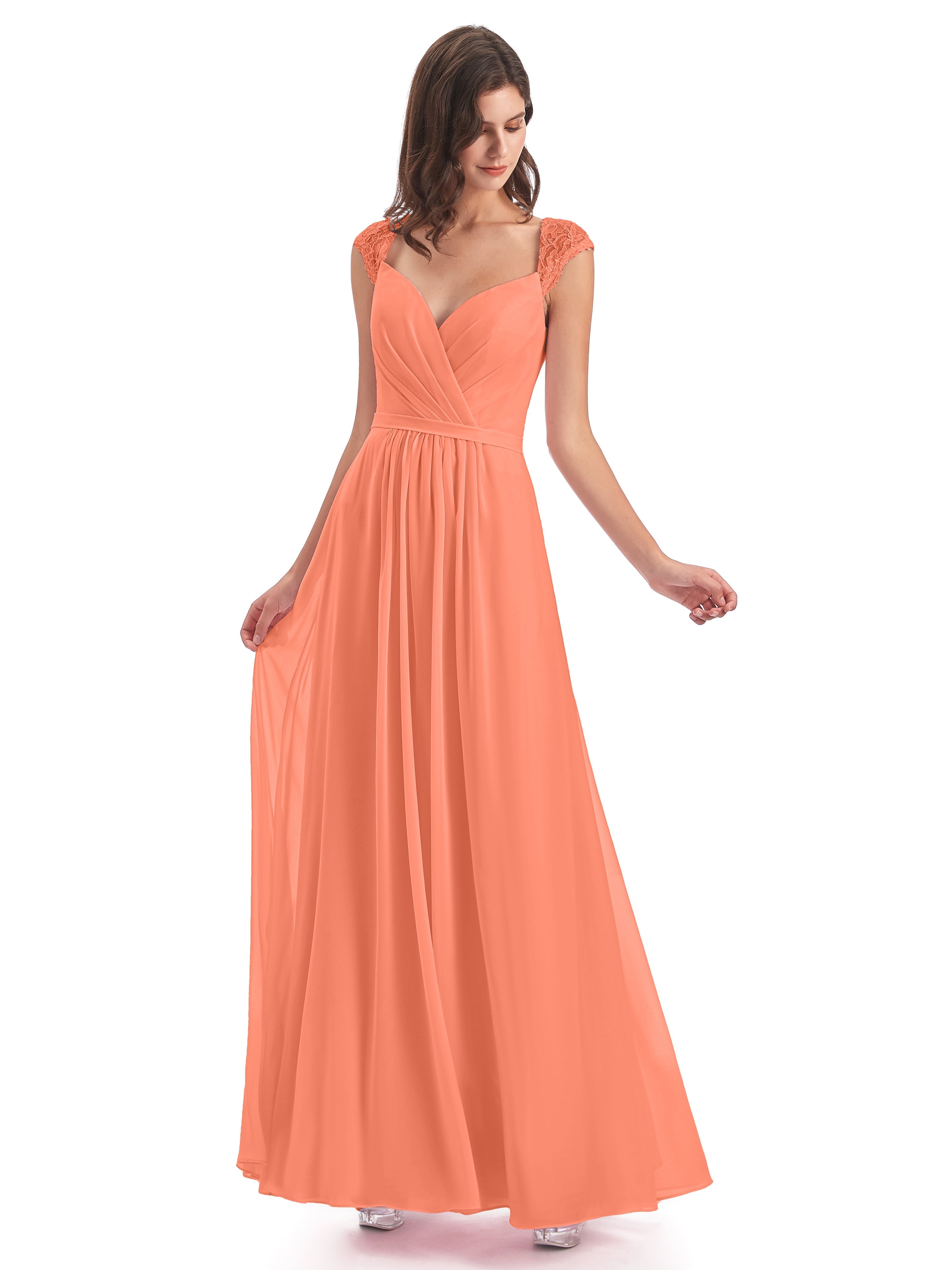 Robes De Demoiselle D'Honneur Coucher De Soleil Mancherons Dos Ouvert Mousseline Robes Demoiselle D'Honneur
