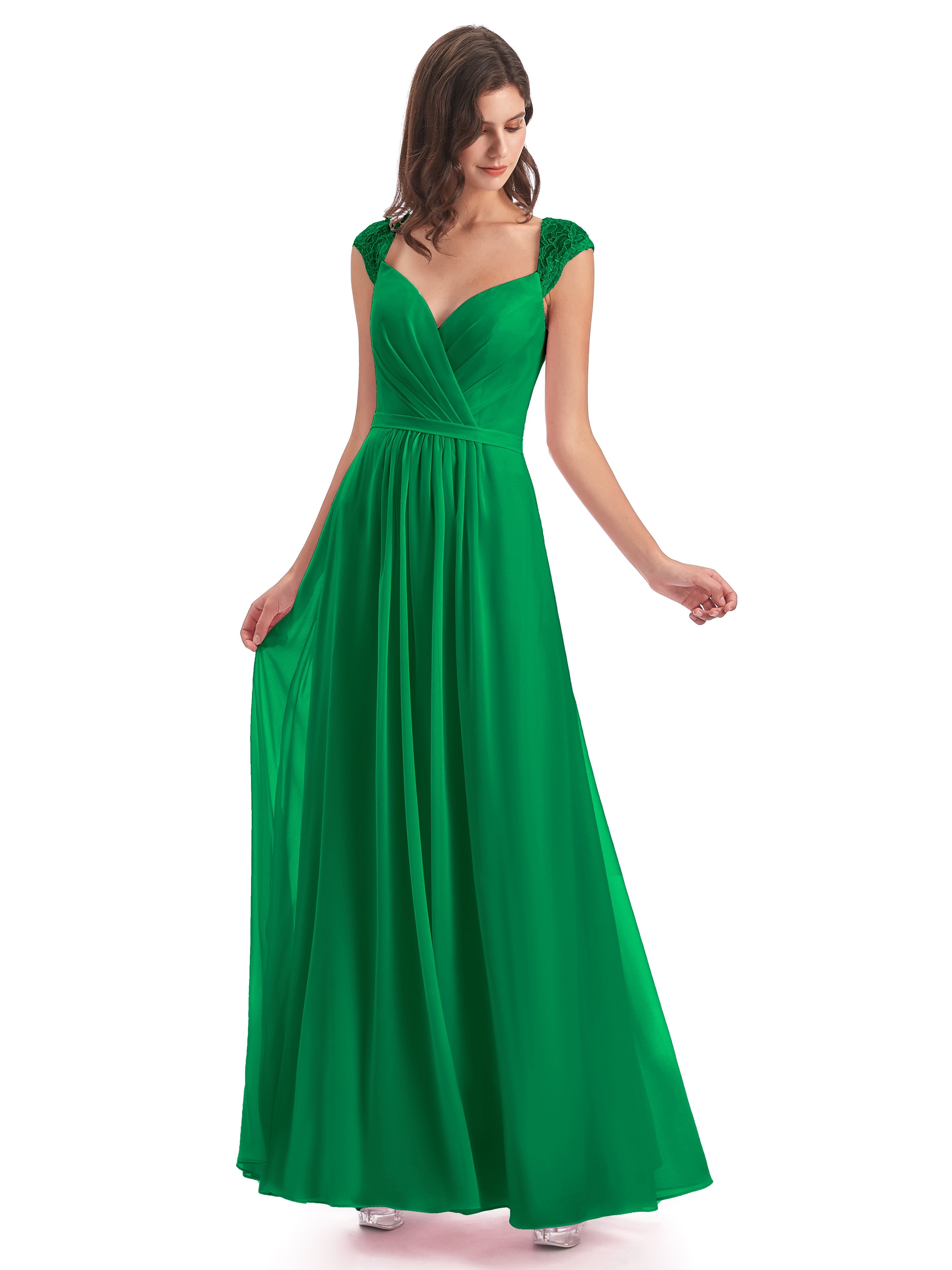 Demoiselle D Honneur Vert Émeraude Mancherons Dos Ouvert Mousseline Robes Demoiselle D'Honneur