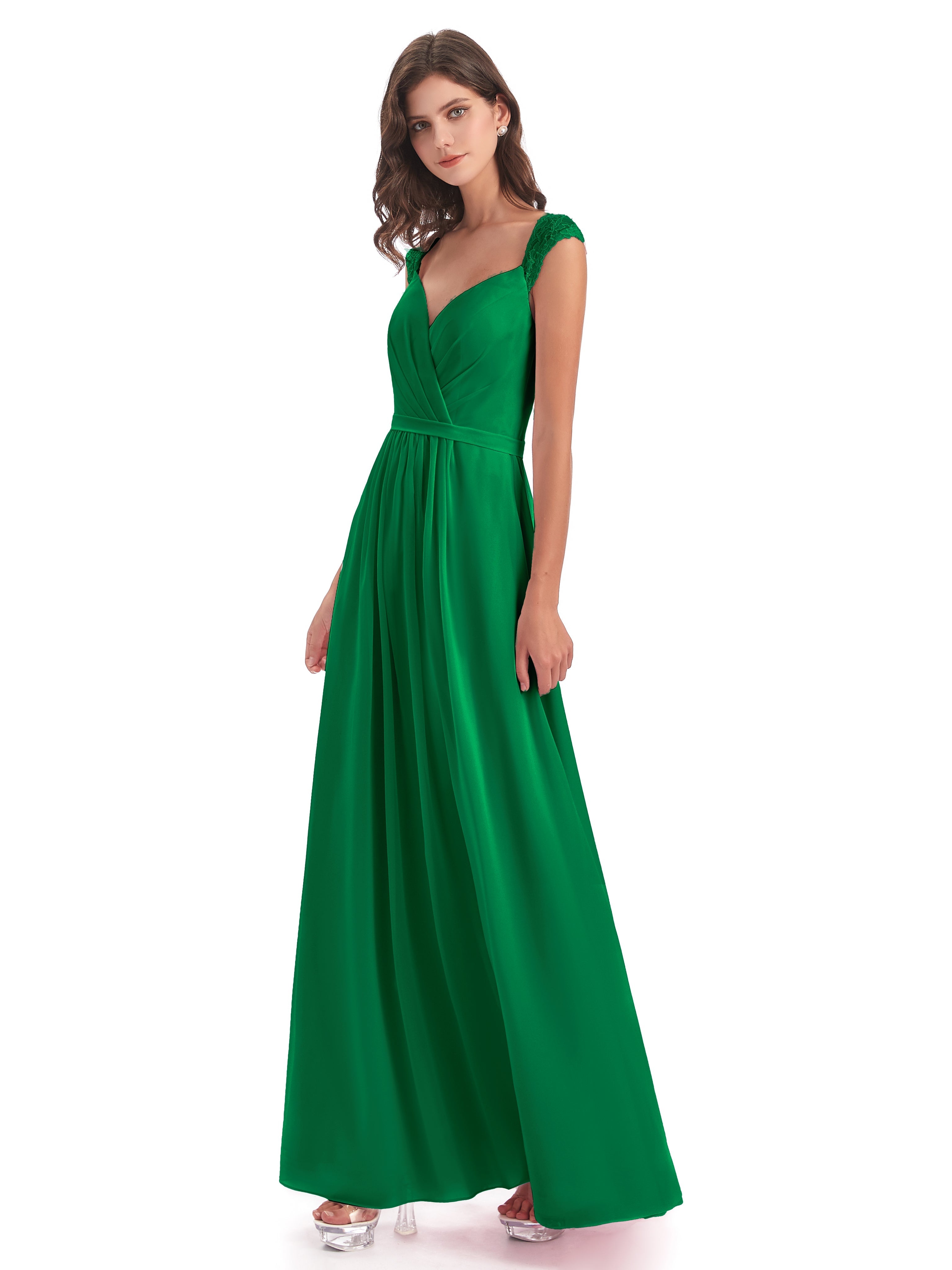 Demoiselle D Honneur Vert Émeraude Mancherons Dos Ouvert Mousseline Robes Demoiselle D'Honneur