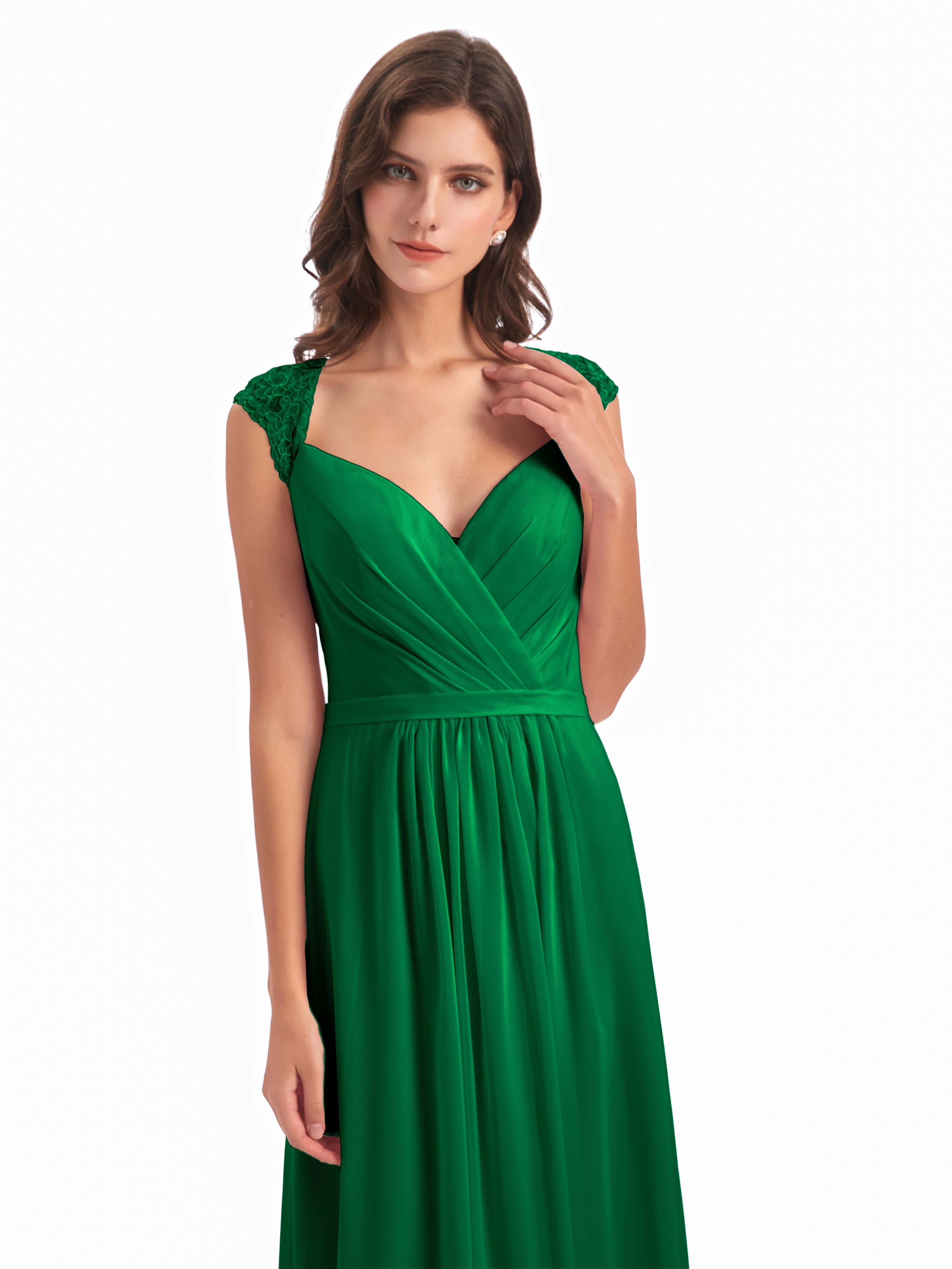 Demoiselle D Honneur Vert Émeraude Mancherons Dos Ouvert Mousseline Robes Demoiselle D'Honneur