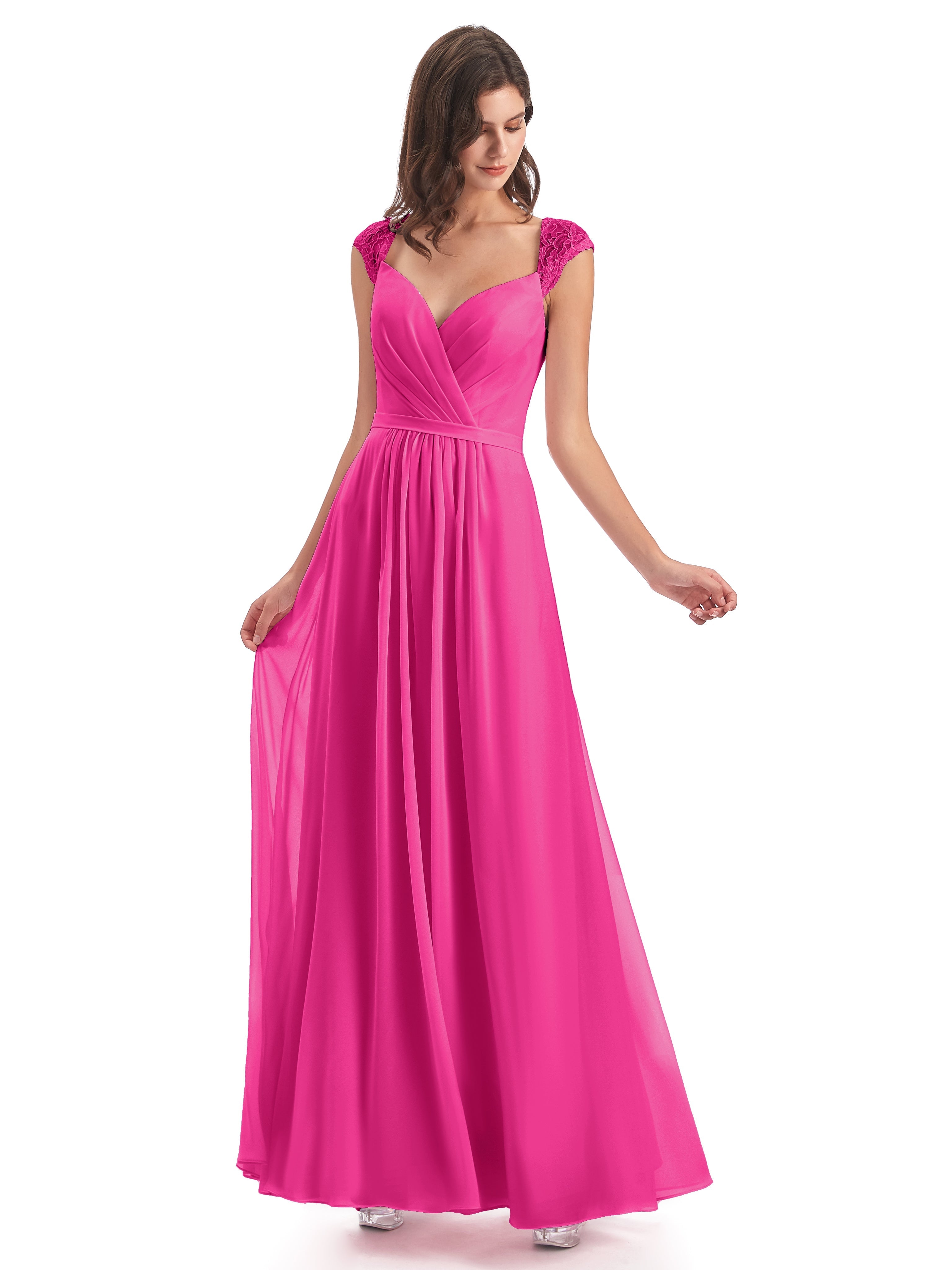Robe Fuchsia Demoiselle D Honneur Mancherons Dos Ouvert Mousseline Robes Demoiselle D'Honneur