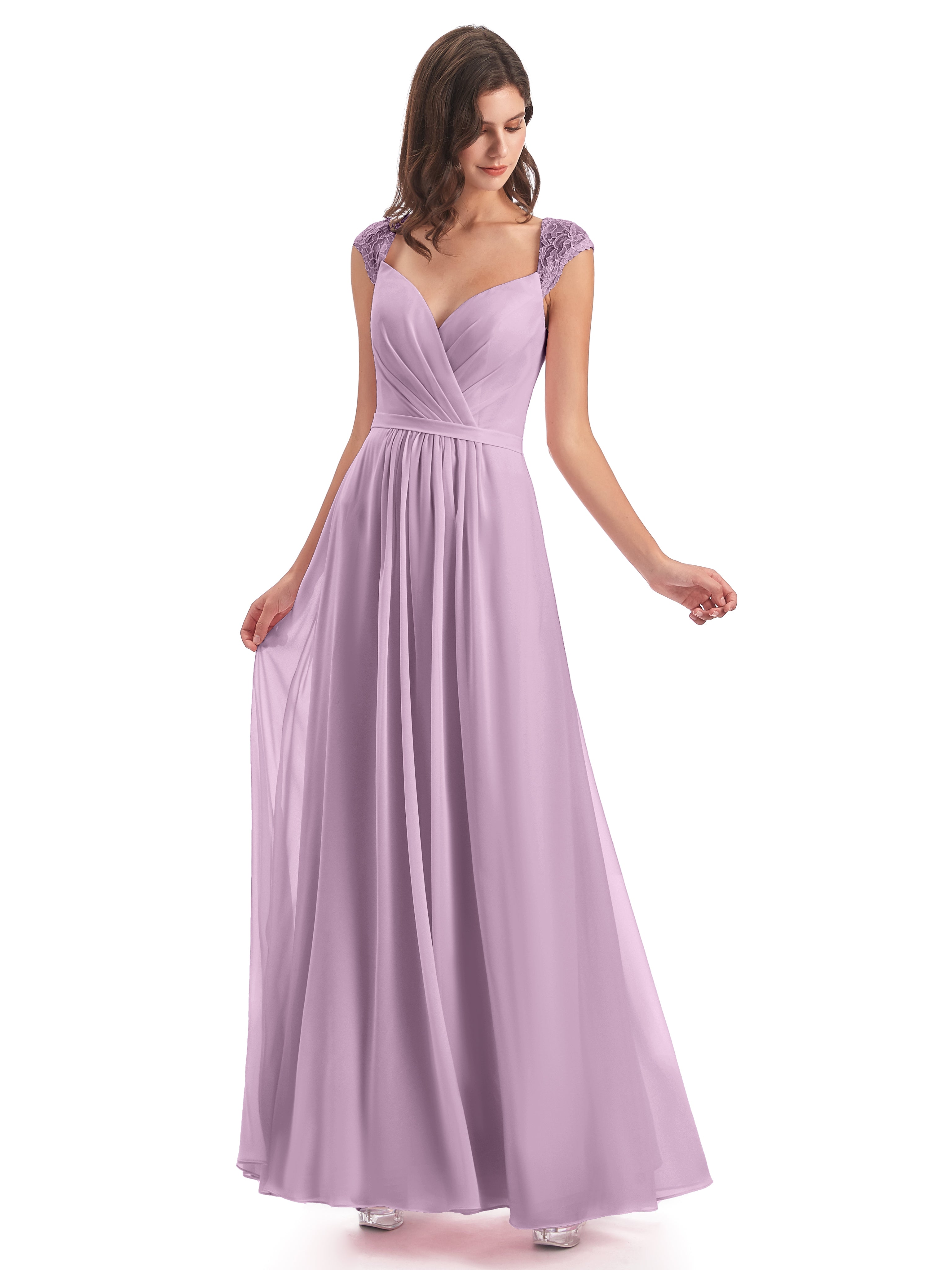 Robes De Demoiselle D'Honneur Glycine Mancherons Dos Ouvert Mousseline Robes Demoiselle D'Honneur