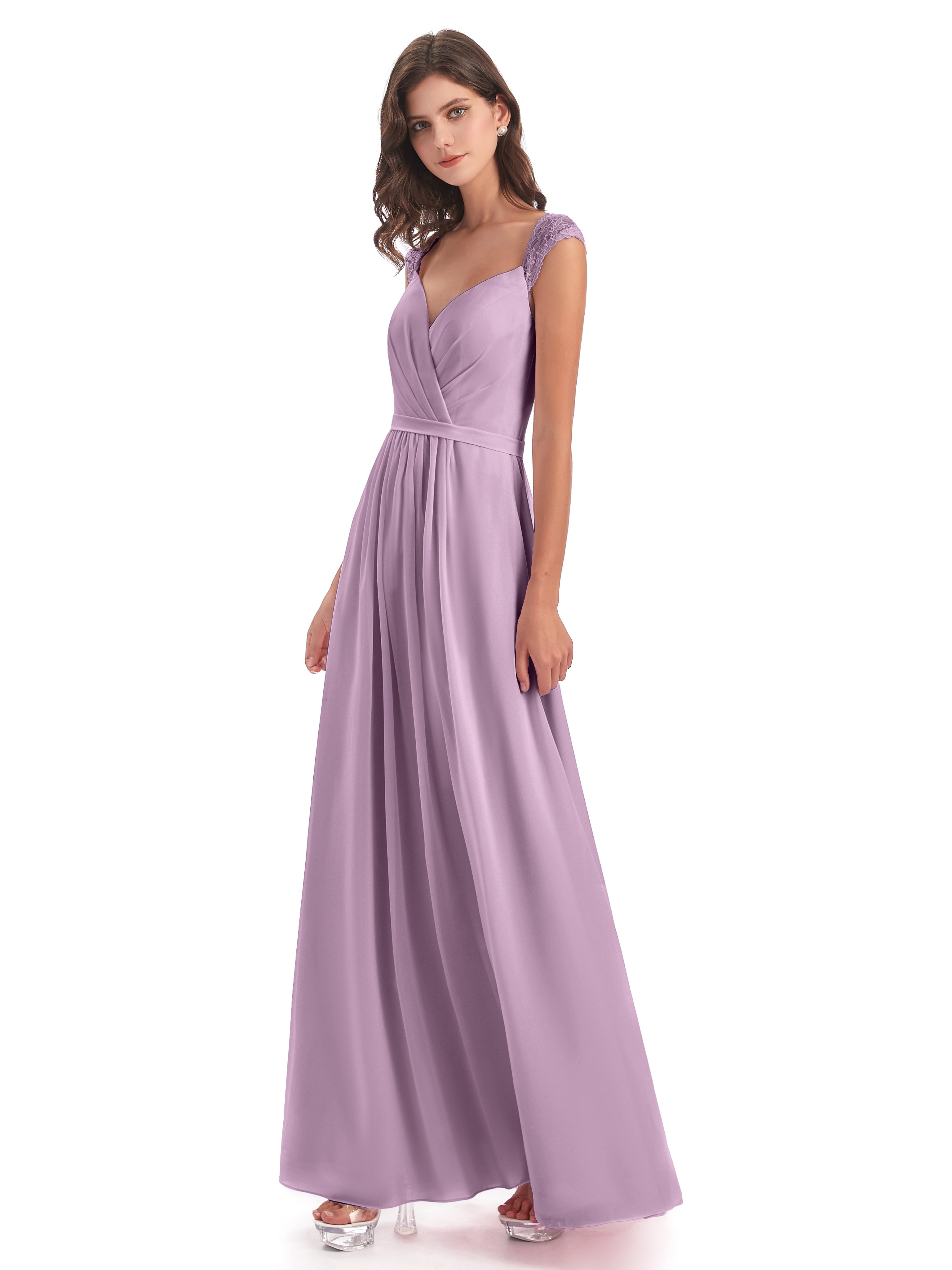 Robes De Demoiselle D'Honneur Glycine Mancherons Dos Ouvert Mousseline Robes Demoiselle D'Honneur