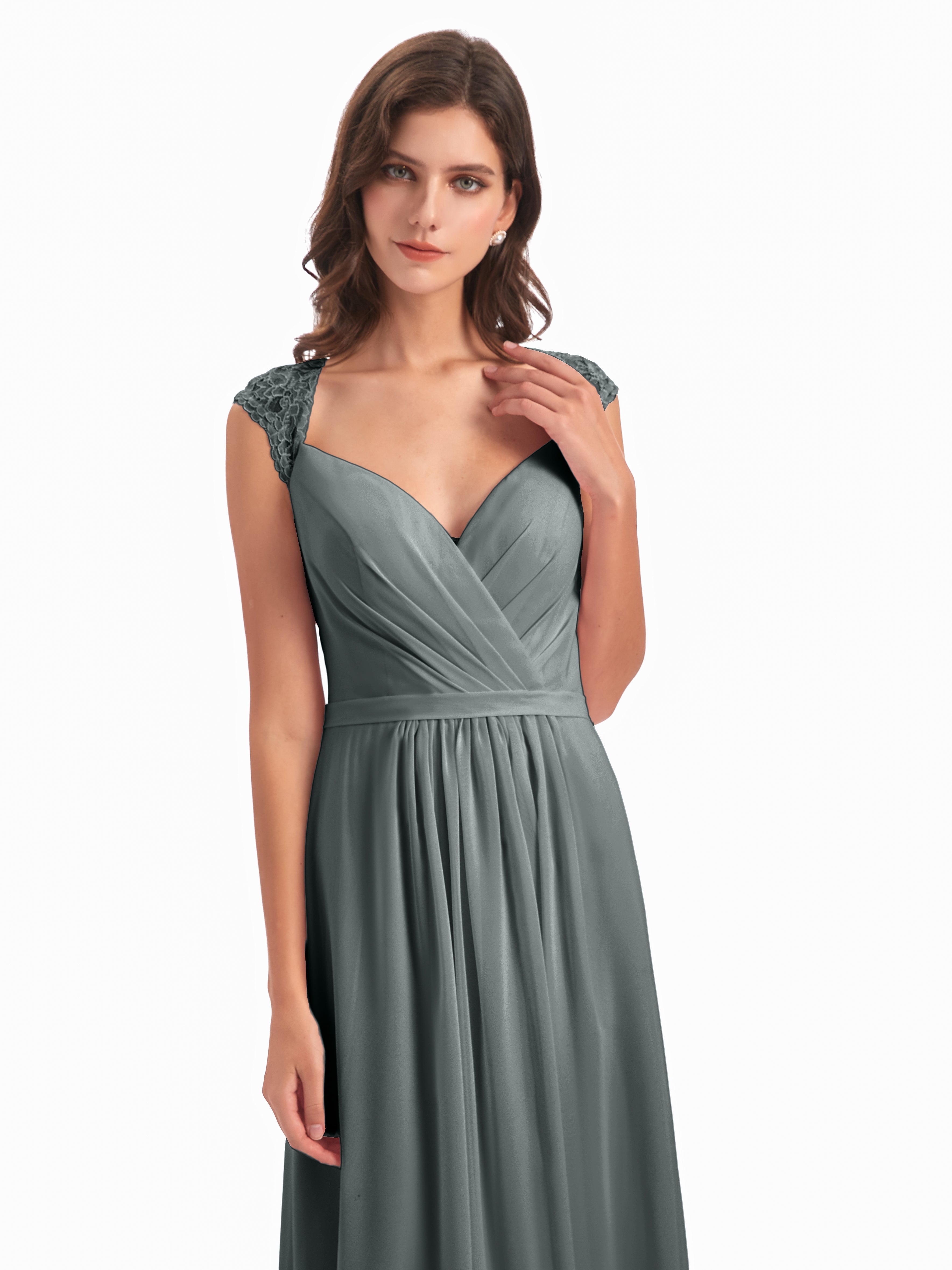Robe Demoiselle D Honneur Gris Mancherons Dos Ouvert Mousseline Robes Demoiselle D'Honneur