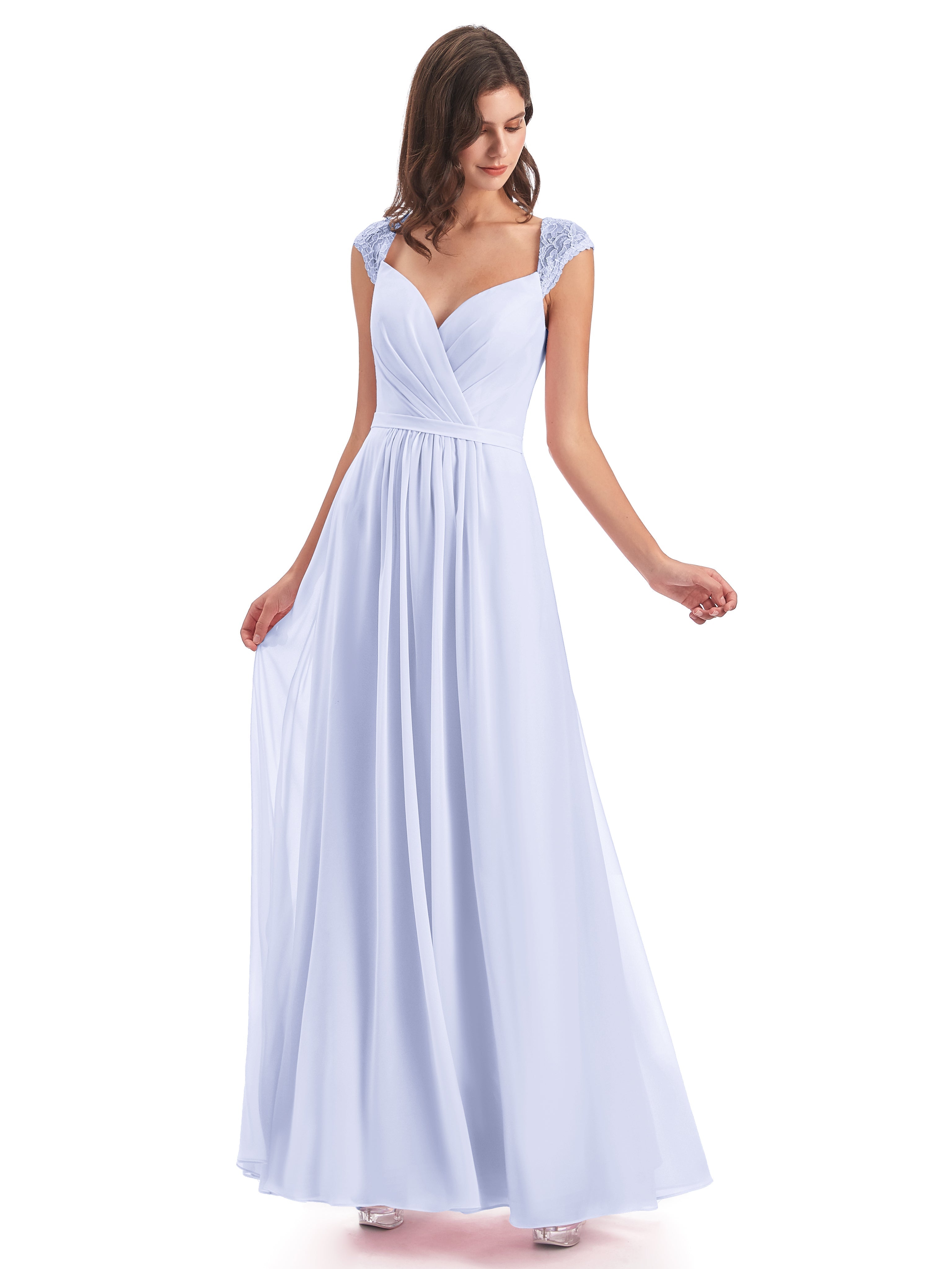 Robe Demoiselle D Honneur Couleur Lavande Mancherons Dos Ouvert Mousseline Robes Demoiselle D'Honneur
