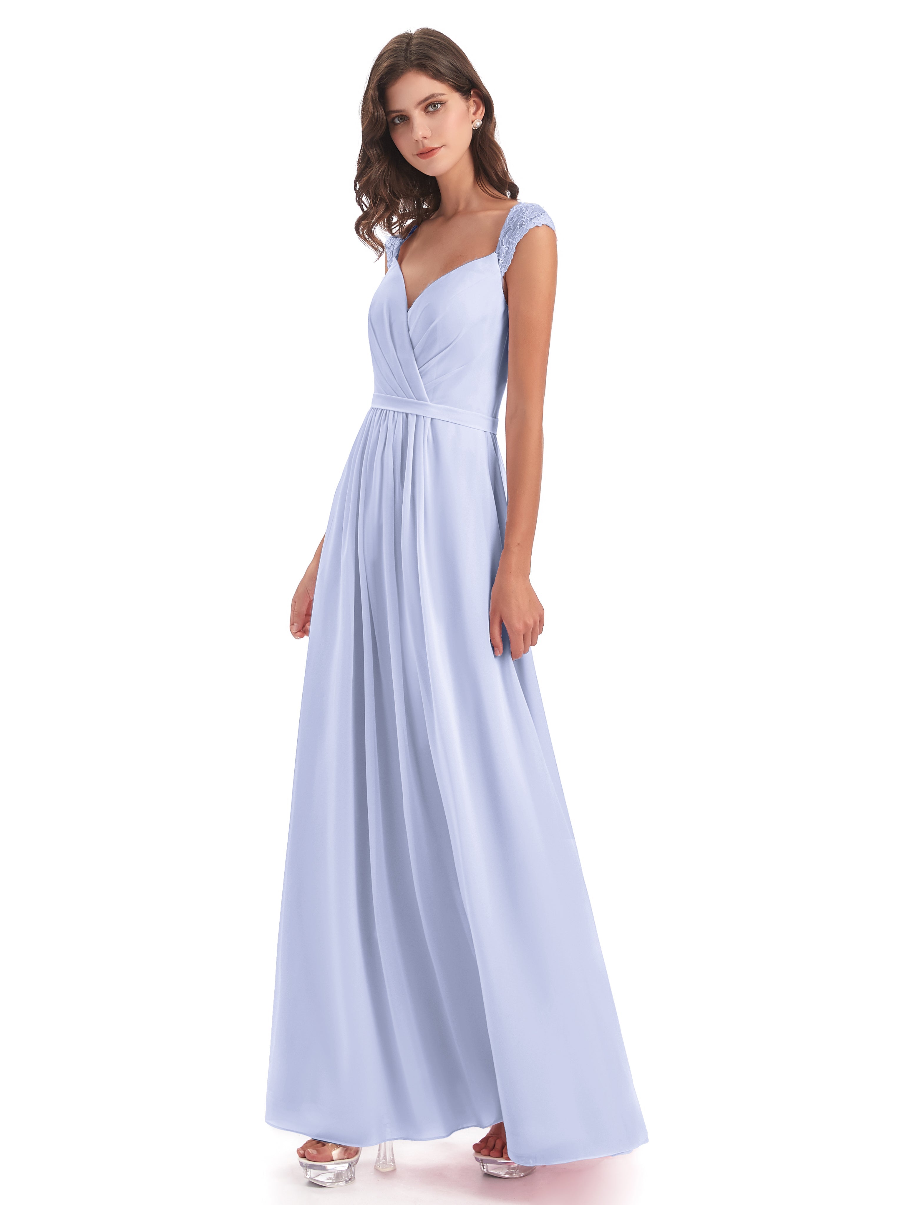 Robe Demoiselle D Honneur Couleur Lavande Mancherons Dos Ouvert Mousseline Robes Demoiselle D'Honneur