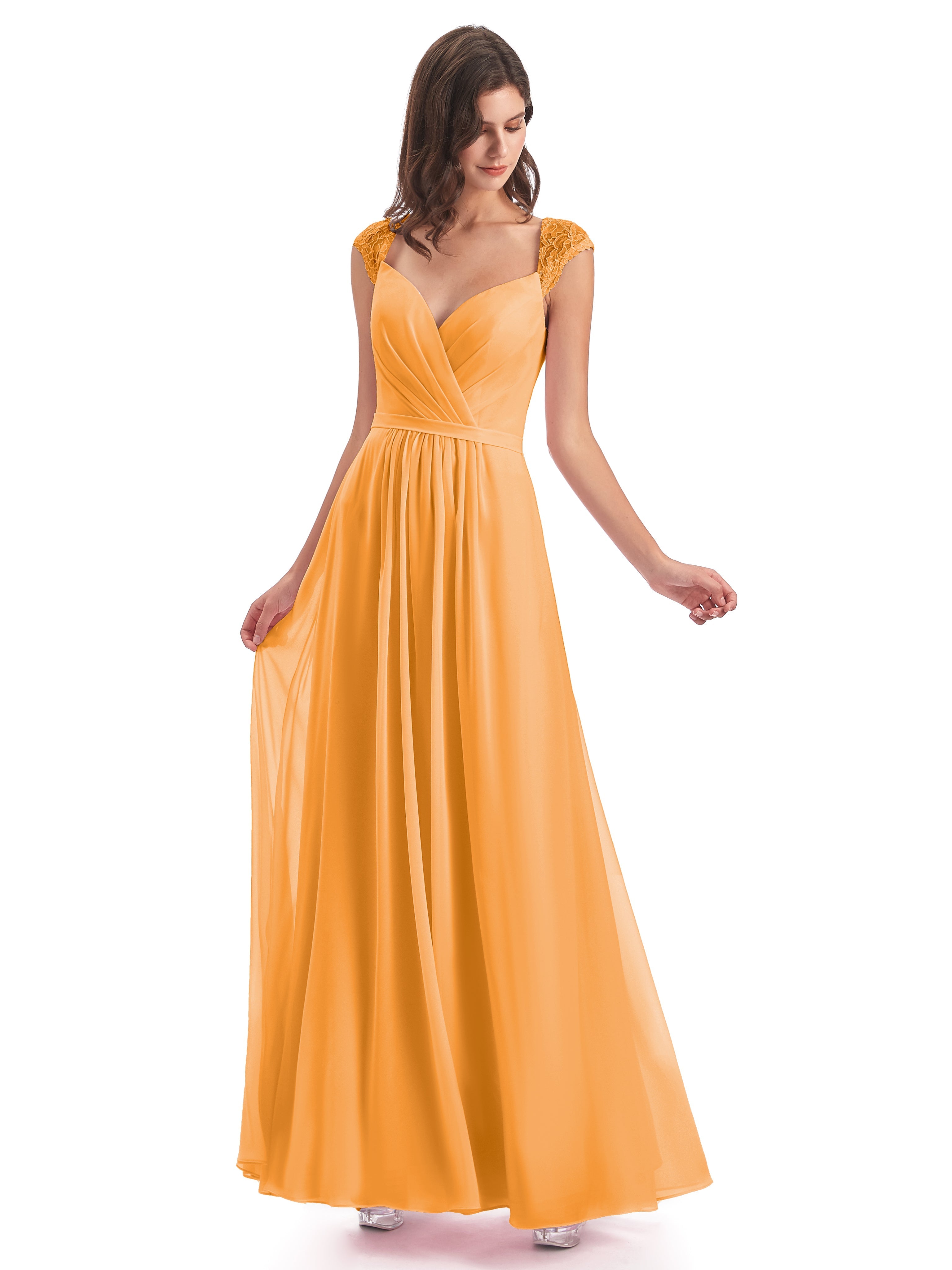 Robes De Demoiselle D'Honneur Mandarine Mancherons Dos Ouvert Mousseline Robes Demoiselle D'Honneur