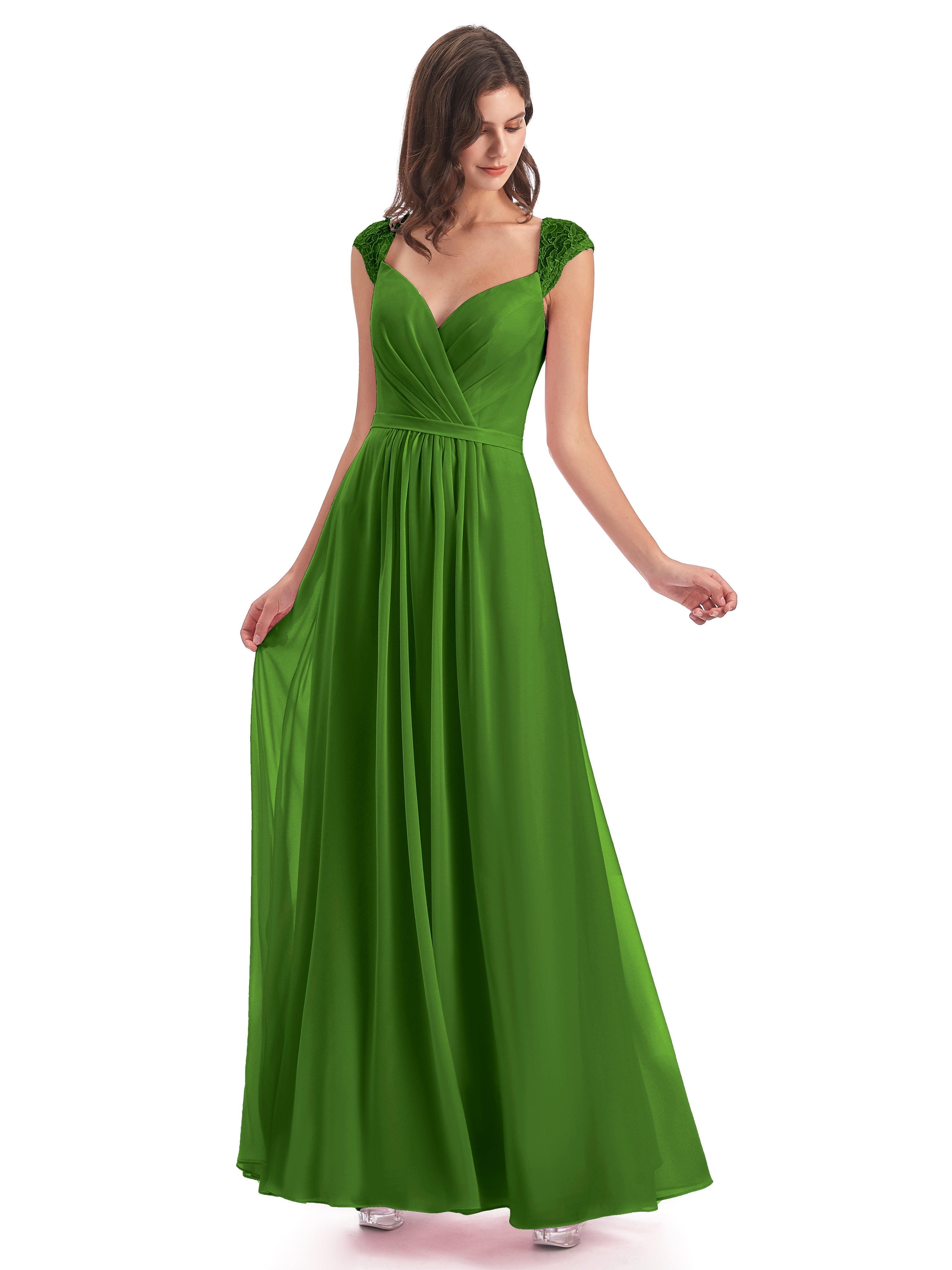 Robes De Demoiselle D'Honneur Vert Mousse Mancherons Dos Ouvert Mousseline Robes Demoiselle D'Honneur