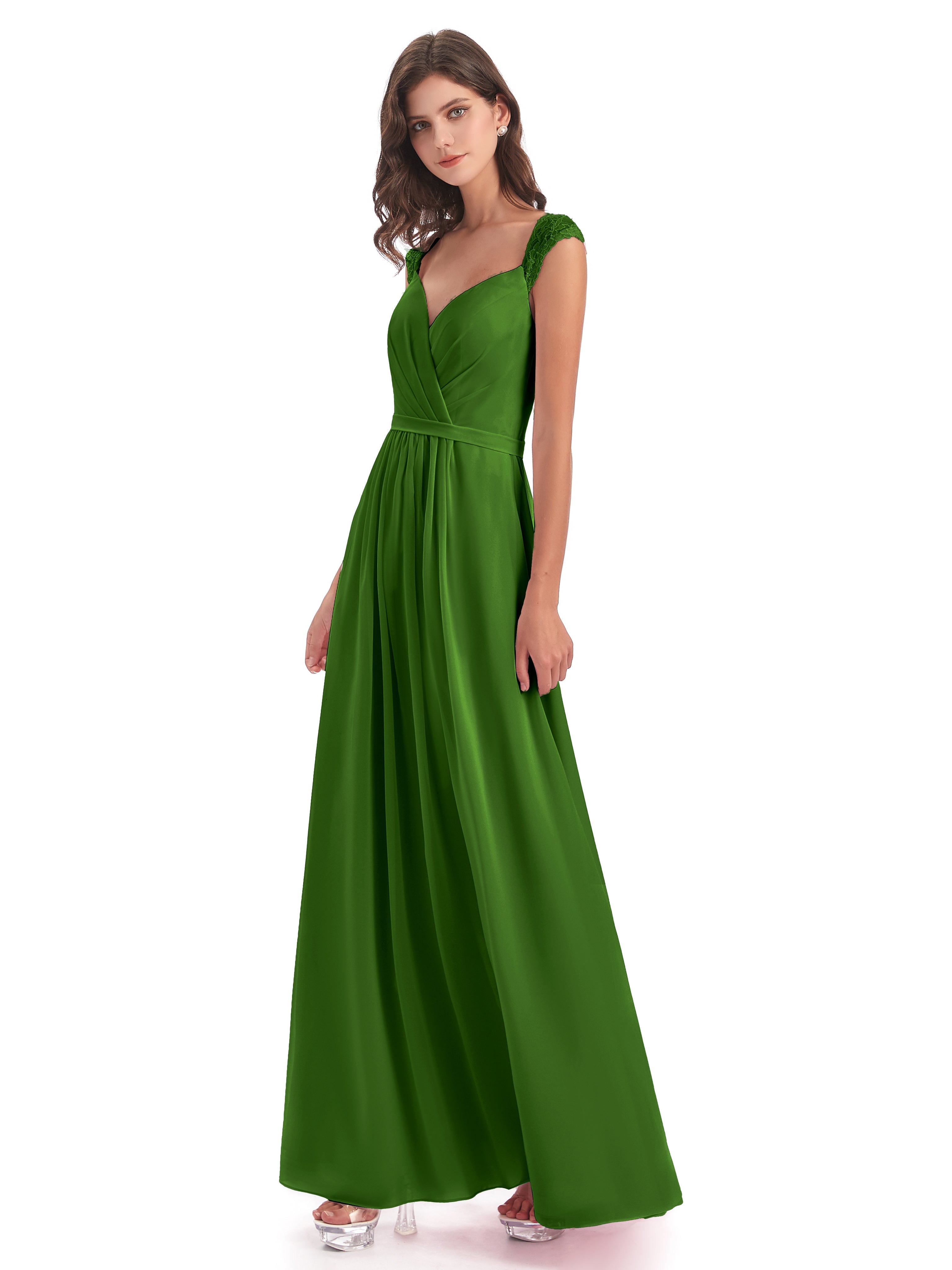 Robes De Demoiselle D'Honneur Vert Mousse Mancherons Dos Ouvert Mousseline Robes Demoiselle D'Honneur
