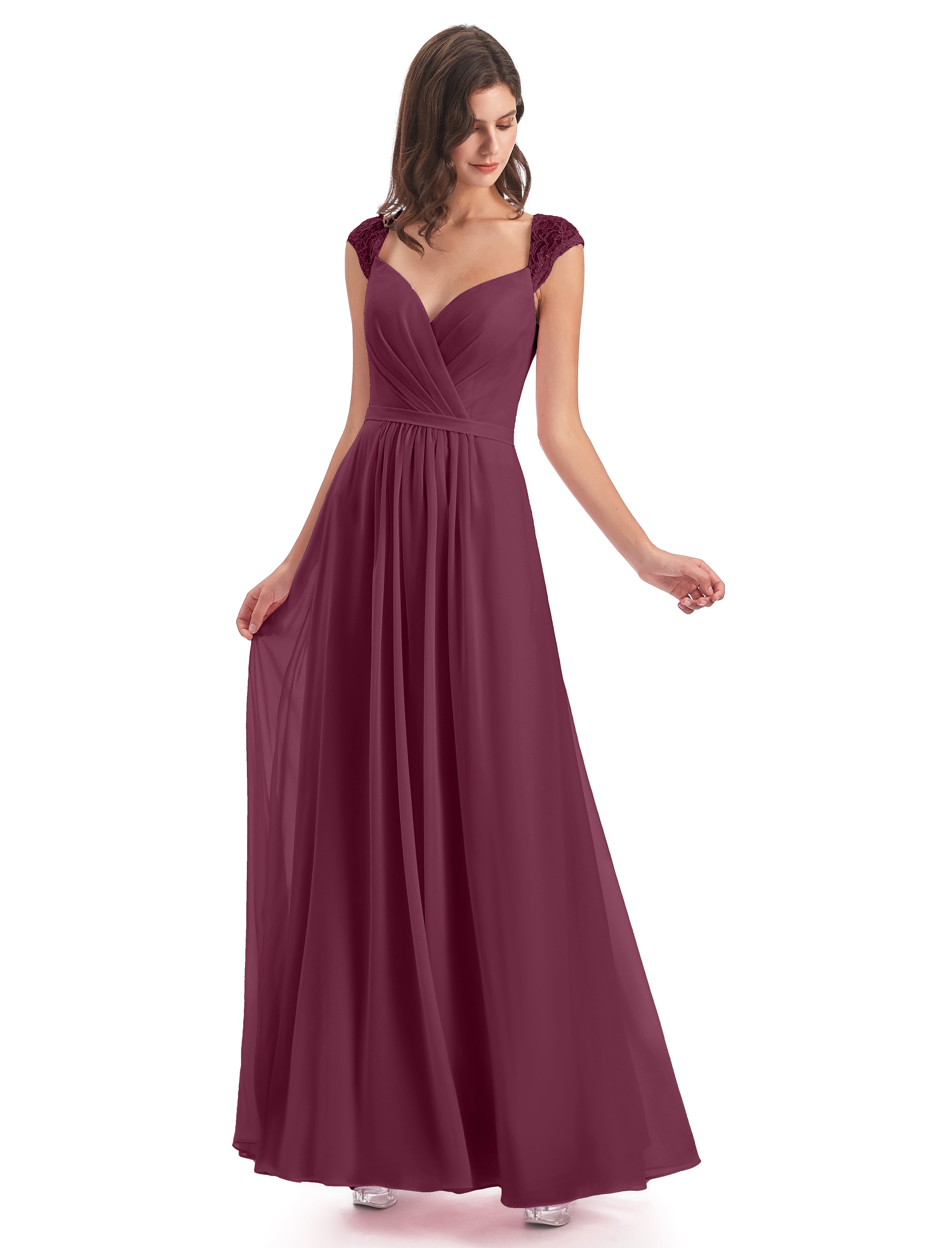 Robes De Demoiselle D'Honneur Mûre Mancherons Dos Ouvert Mousseline Robes Demoiselle D'Honneur