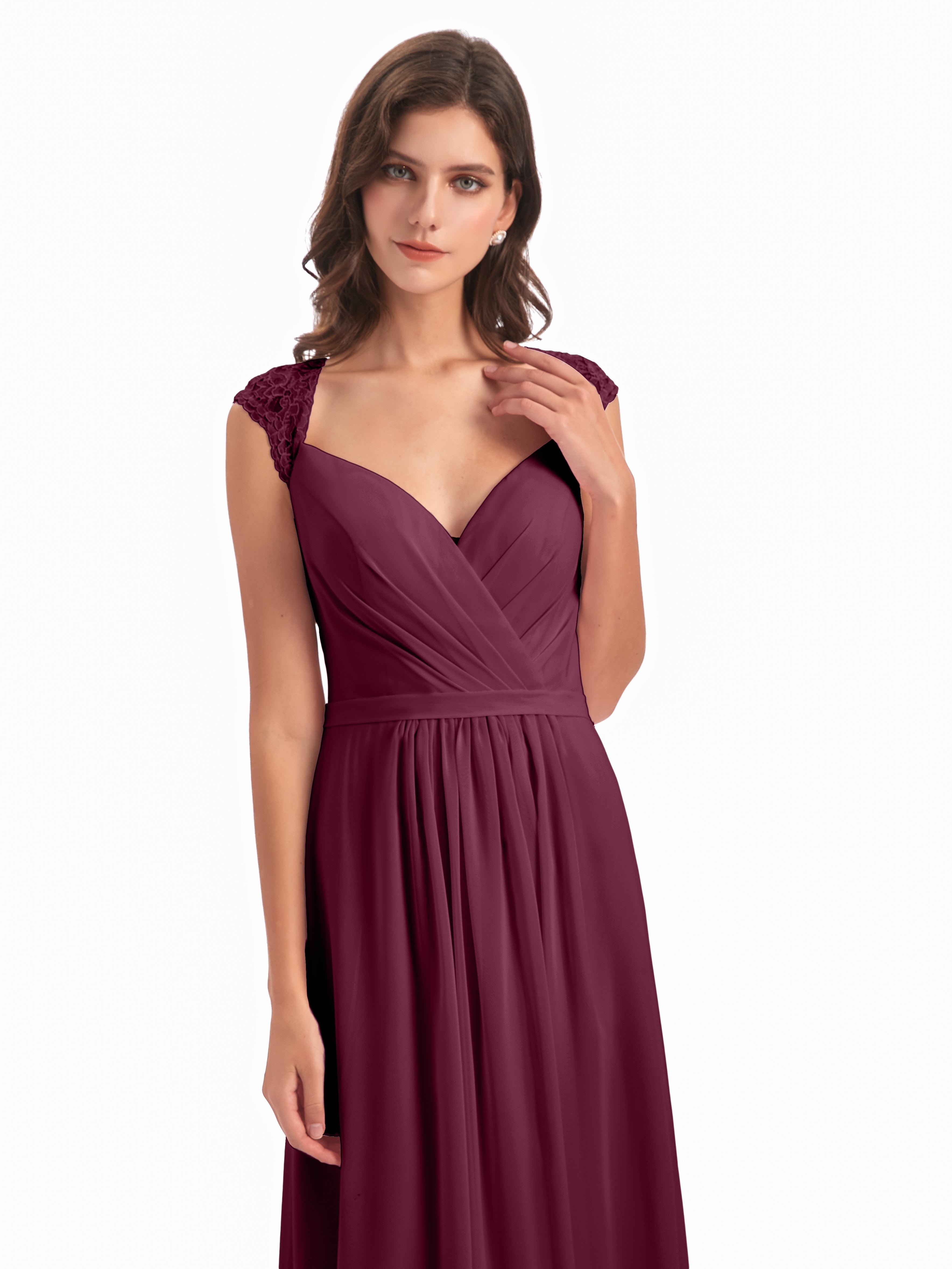 Robes De Demoiselle D'Honneur Mûre Mancherons Dos Ouvert Mousseline Robes Demoiselle D'Honneur