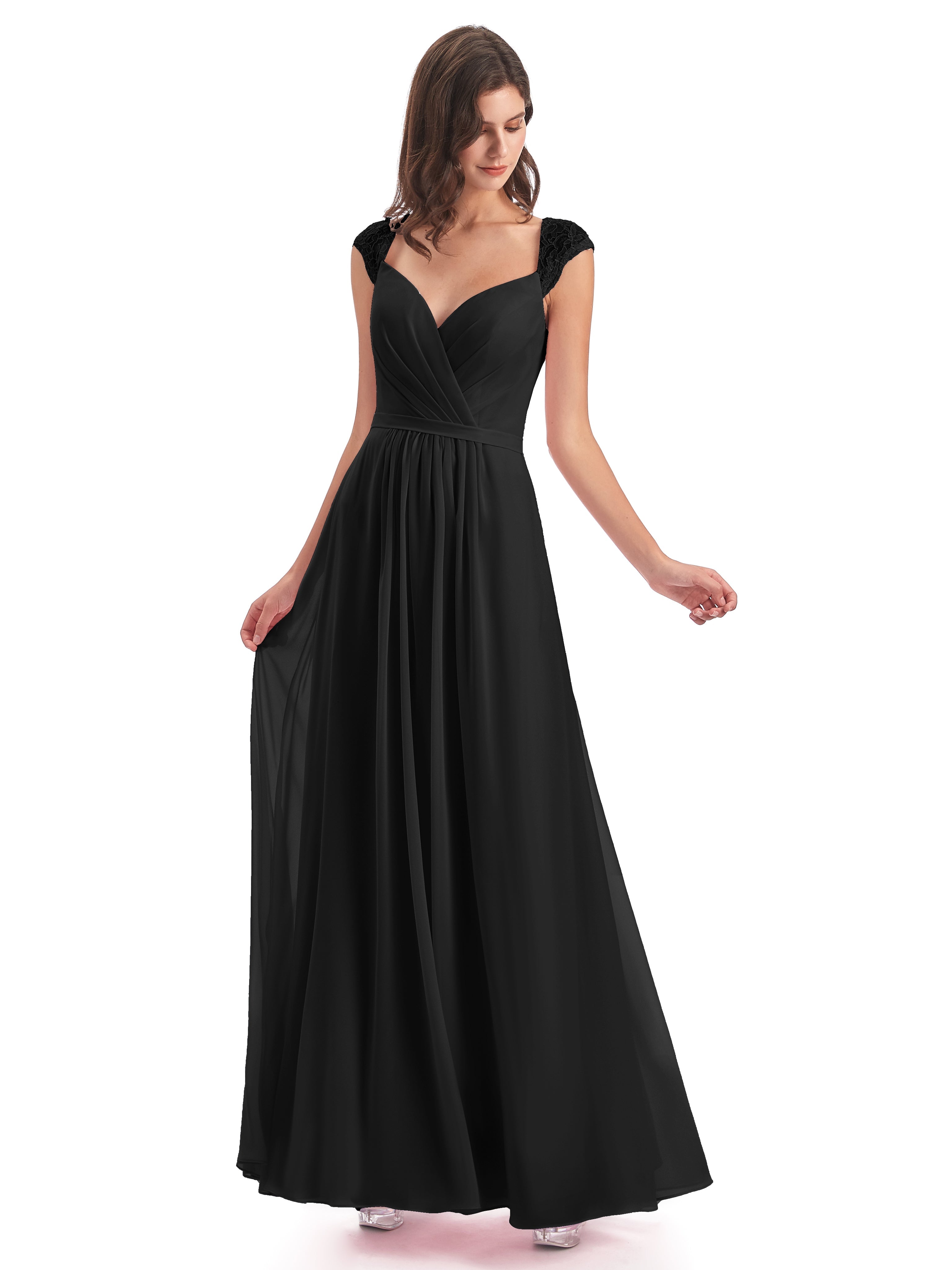 Longues Robes De Demoiselle D'Honneur Noires Mancherons Dos Ouvert Mousseline Robes Demoiselle D'Honneur