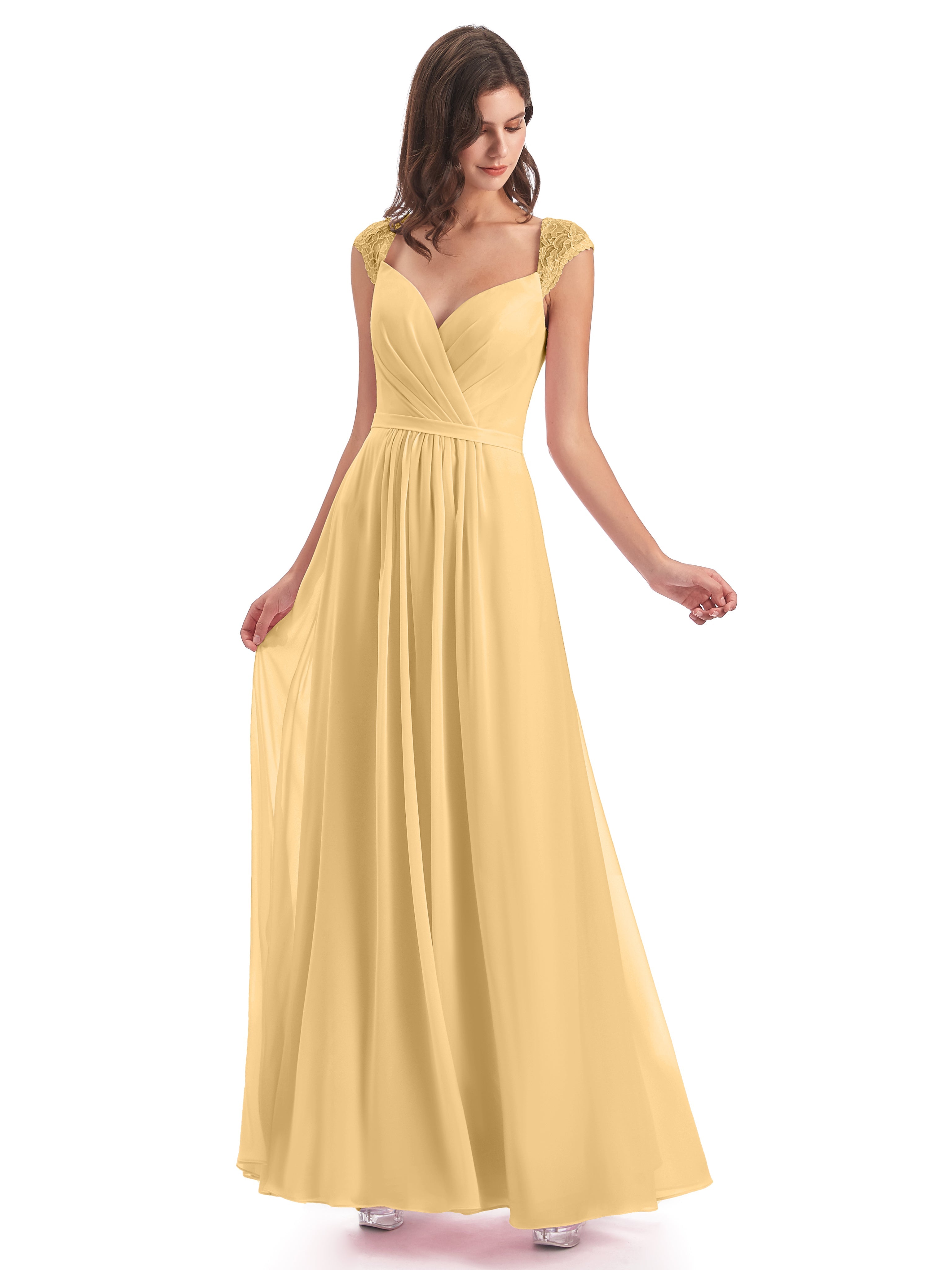 Robe De Demoiselle D Honneur Doré Mancherons Dos Ouvert Mousseline Robes Demoiselle D'Honneur