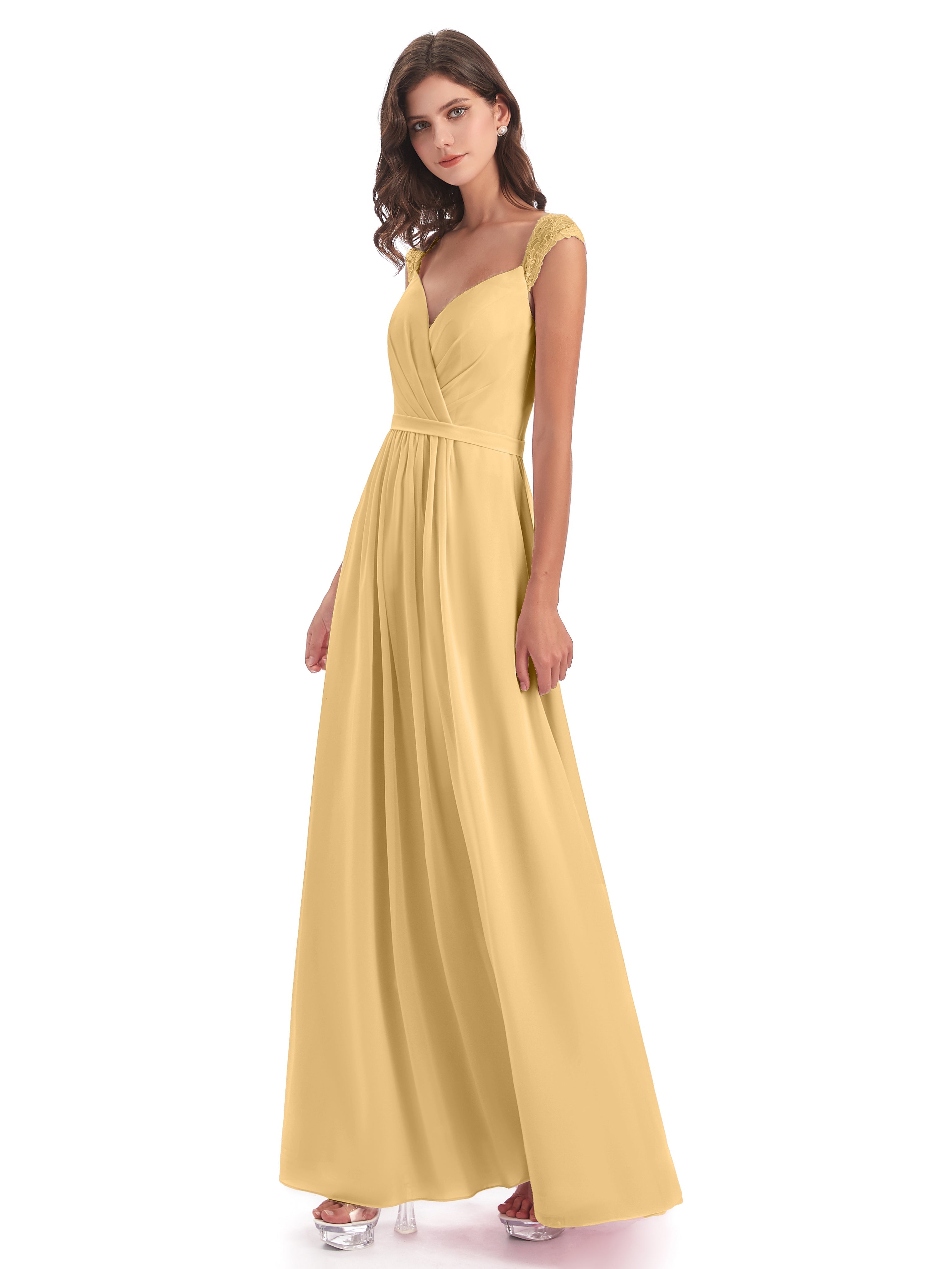 Robe De Demoiselle D Honneur Doré Mancherons Dos Ouvert Mousseline Robes Demoiselle D'Honneur