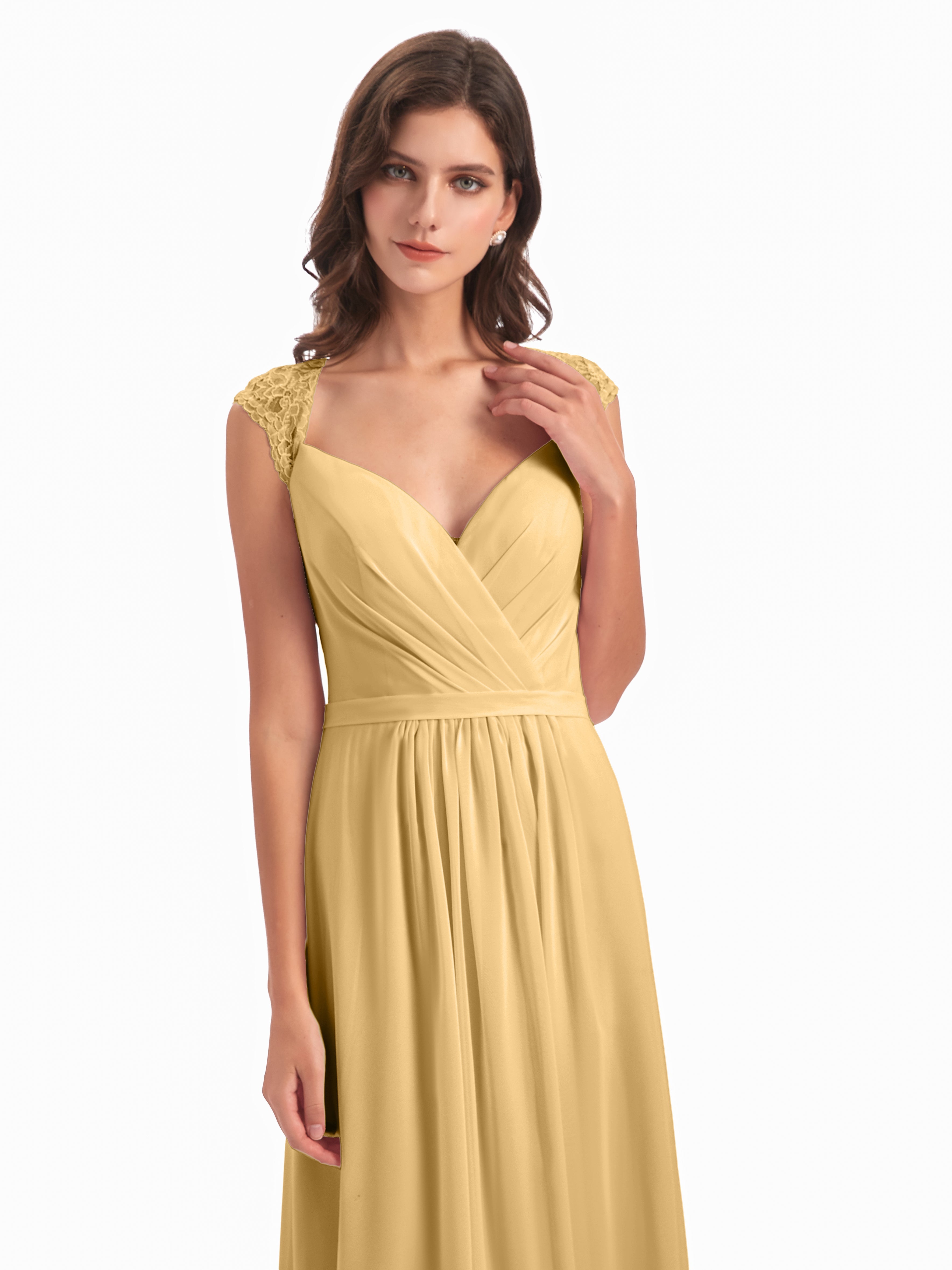 Robe De Demoiselle D Honneur Doré Mancherons Dos Ouvert Mousseline Robes Demoiselle D'Honneur