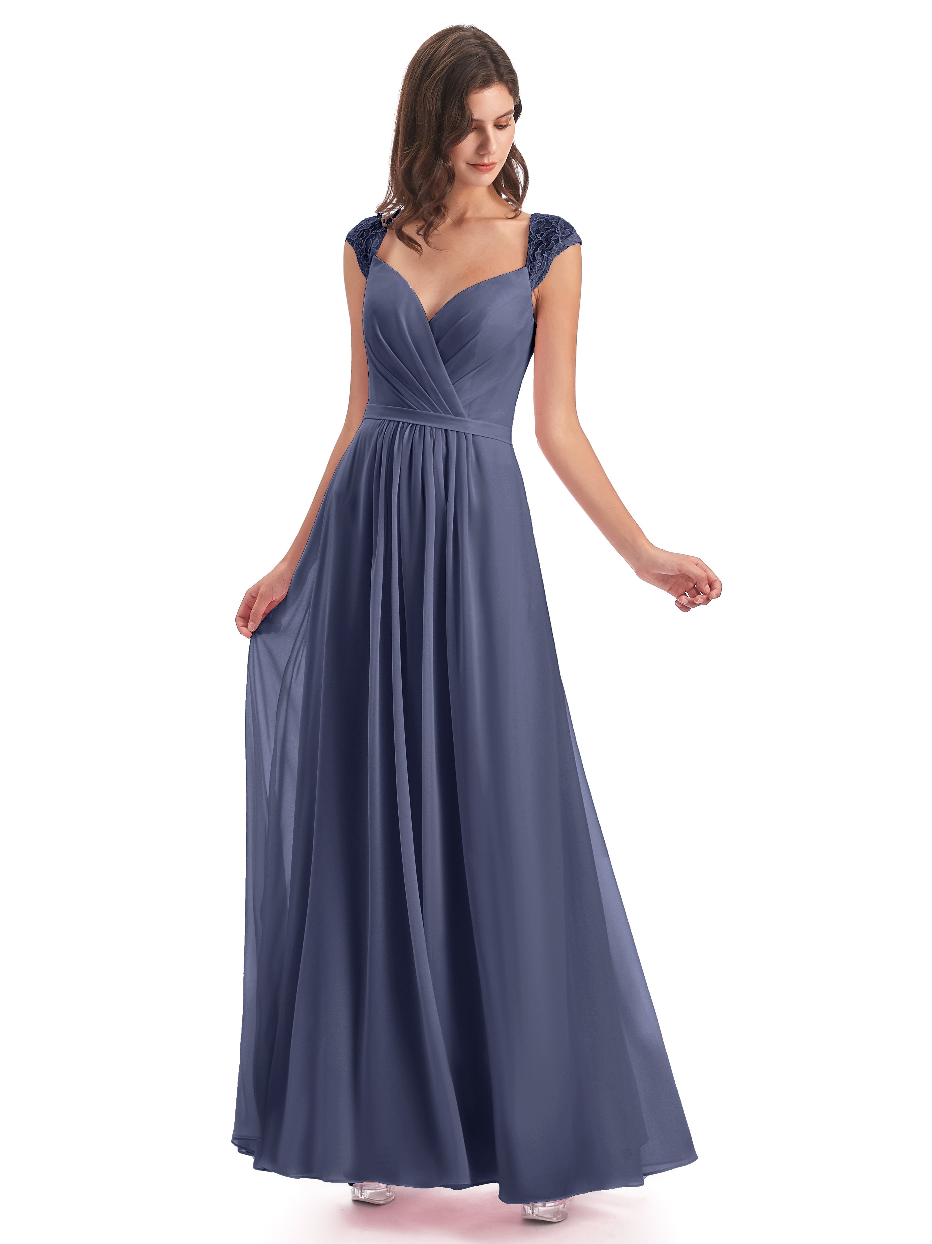 Robes De Demoiselle D'Honneur Bleu Orageux Mancherons Dos Ouvert Mousseline Robes Demoiselle D'Honneur