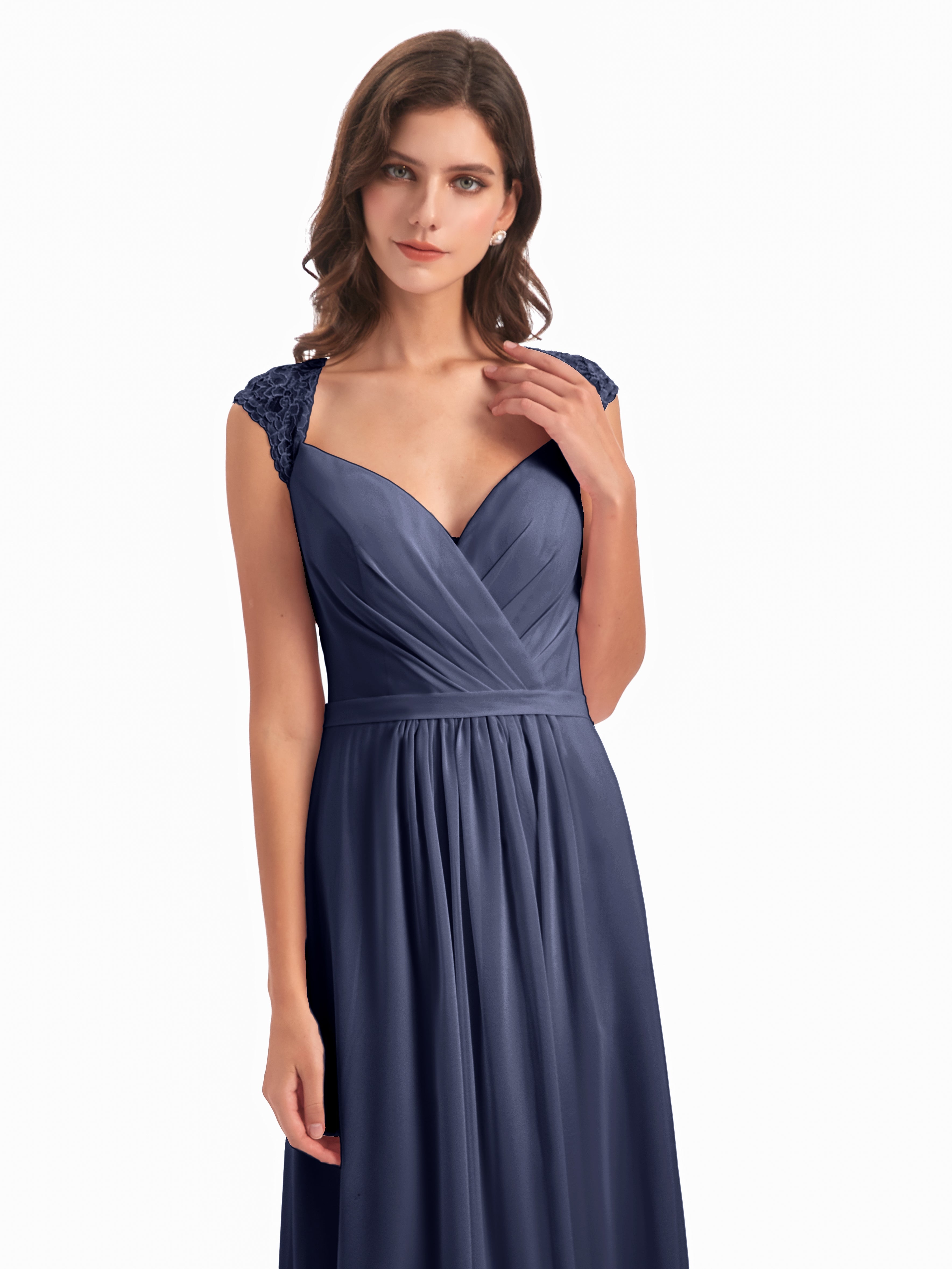 Robes De Demoiselle D'Honneur Bleu Orageux Mancherons Dos Ouvert Mousseline Robes Demoiselle D'Honneur