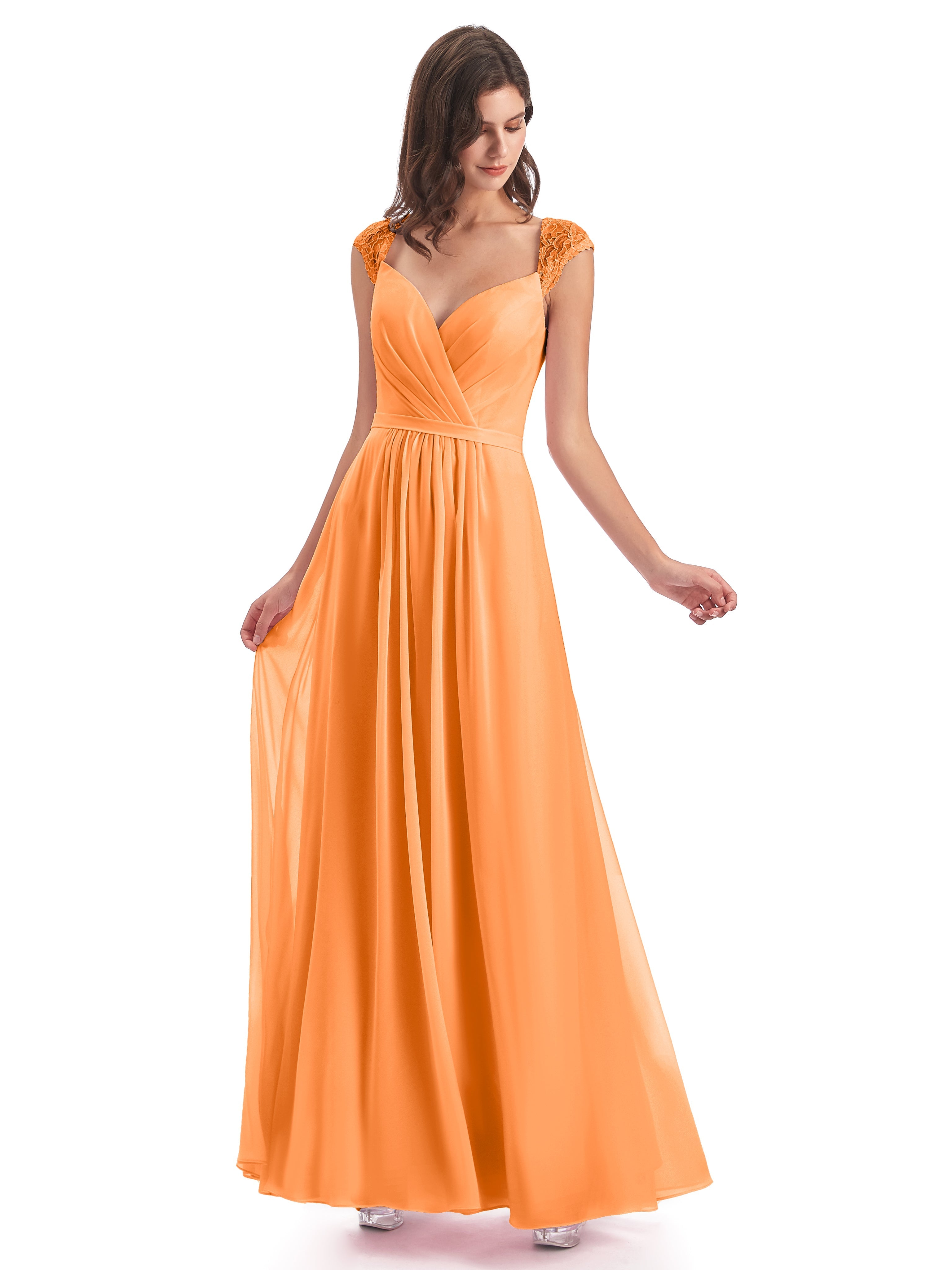 Robe Demoiselle D Honneur Orange Vif Mancherons Dos Ouvert Mousseline Robes Demoiselle D'Honneur