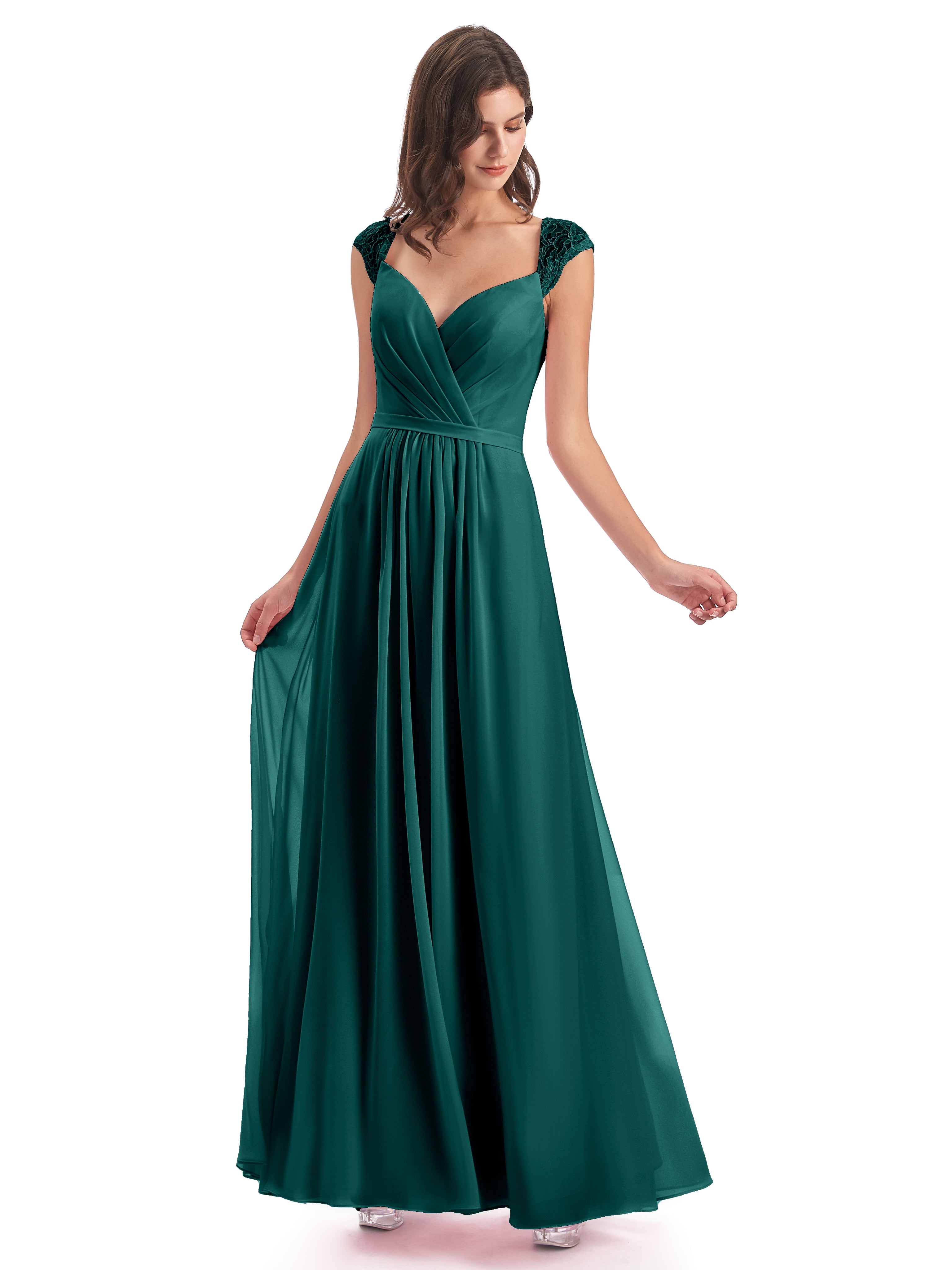 Robes De Demoiselle D'Honneur Couleur Paon Bon Marché Mancherons Dos Ouvert Mousseline