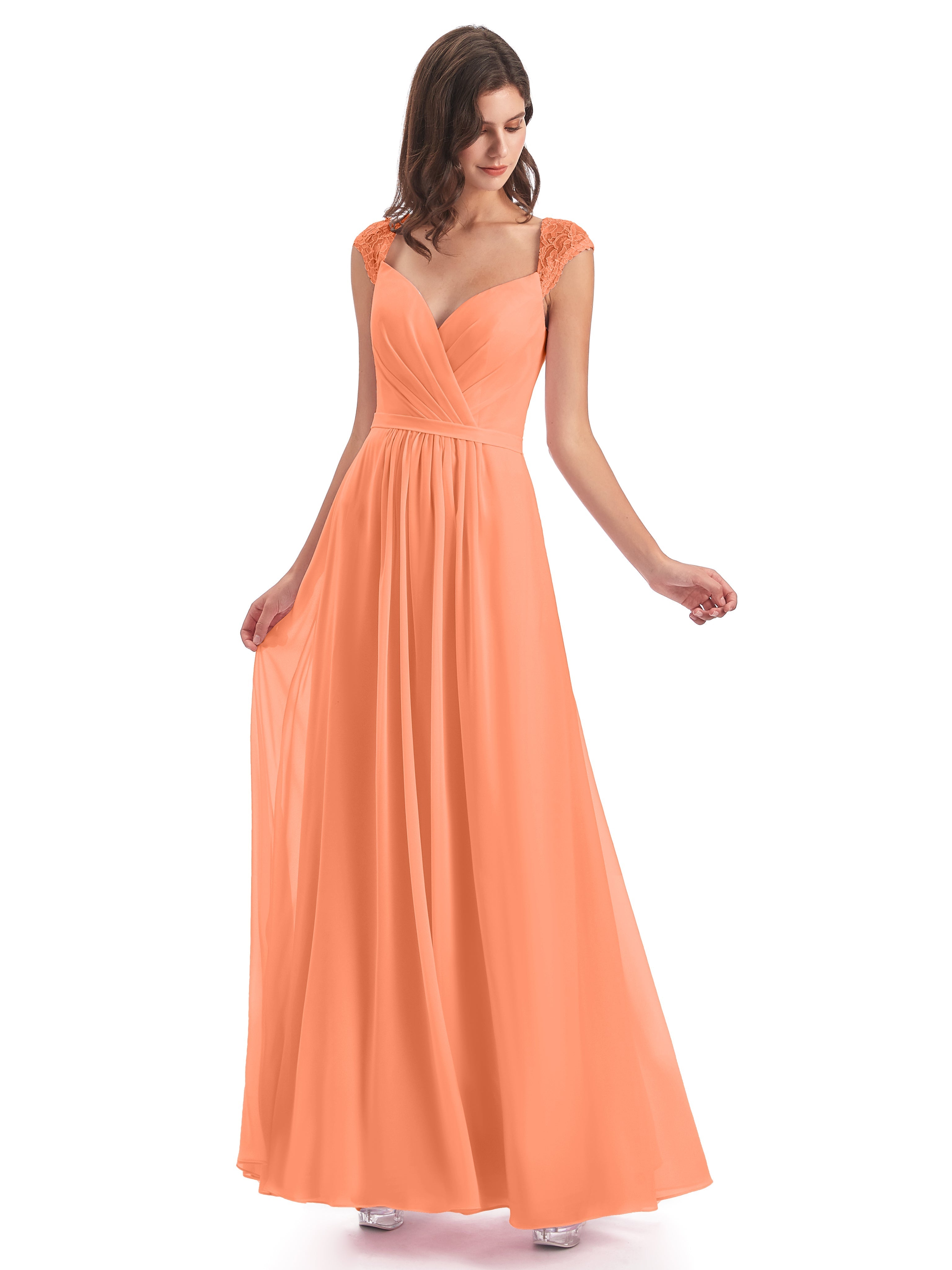 Robes De Demoiselle D'Honneur Papaye Mancherons Dos Ouvert Mousseline Robes Demoiselle D'Honneur