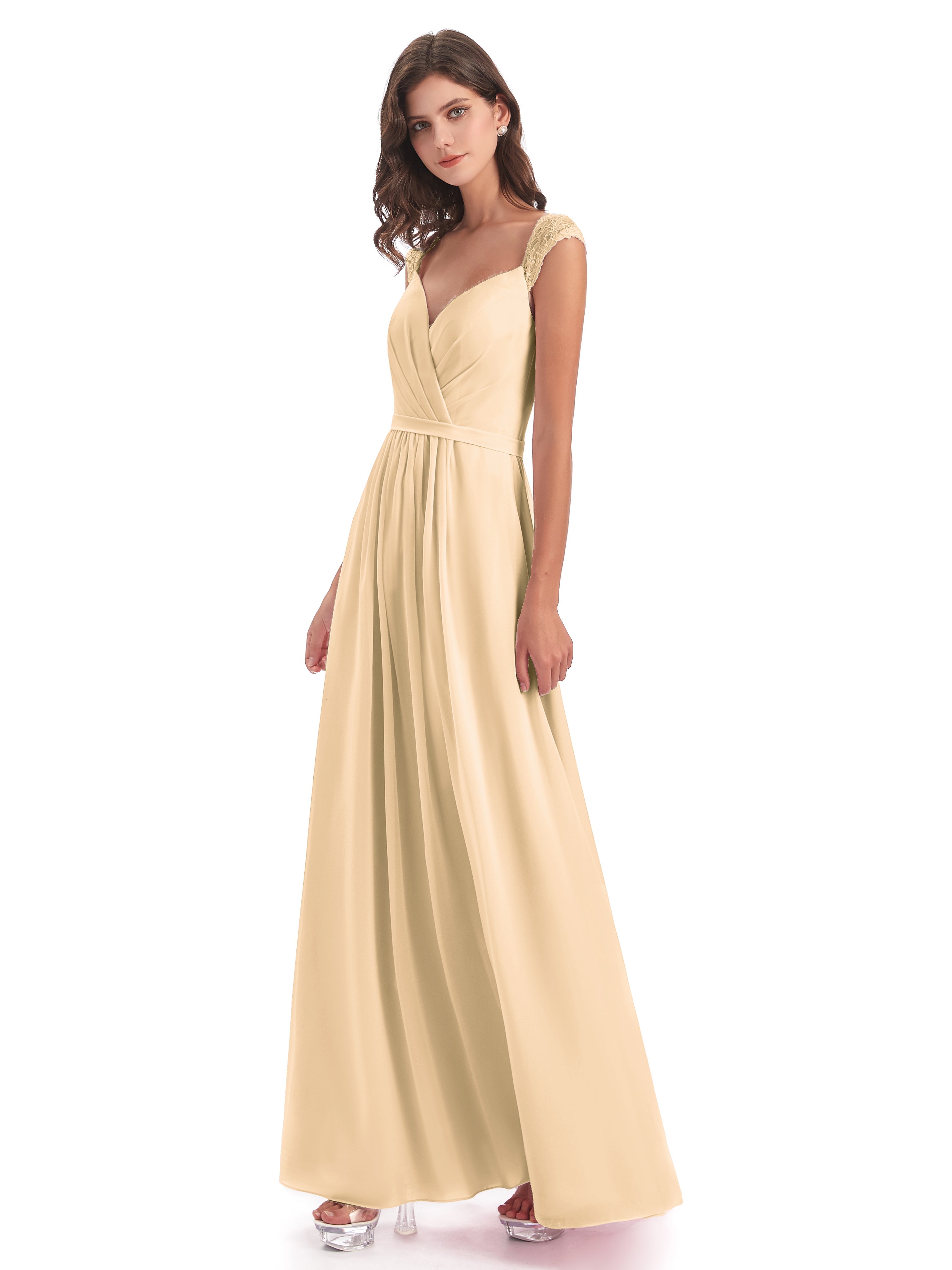 Robe De Demoiselle D Honneur Peche Mancherons Dos Ouvert Mousseline Robes Demoiselle D'Honneur