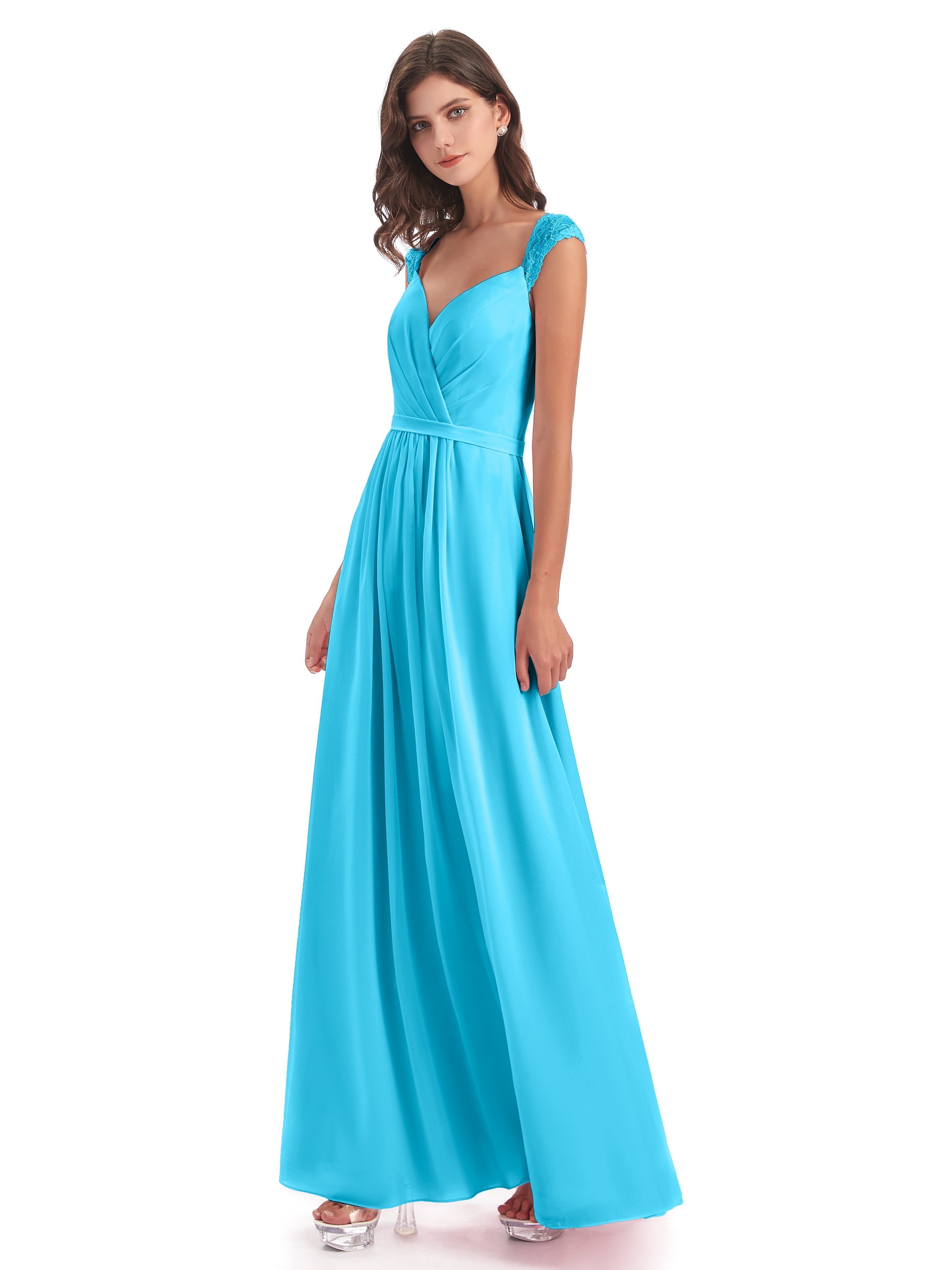 Robe De Demoiselle D'Honneur En Piscine Mancherons Dos Ouvert Mousseline Robes Demoiselle D'Honneur